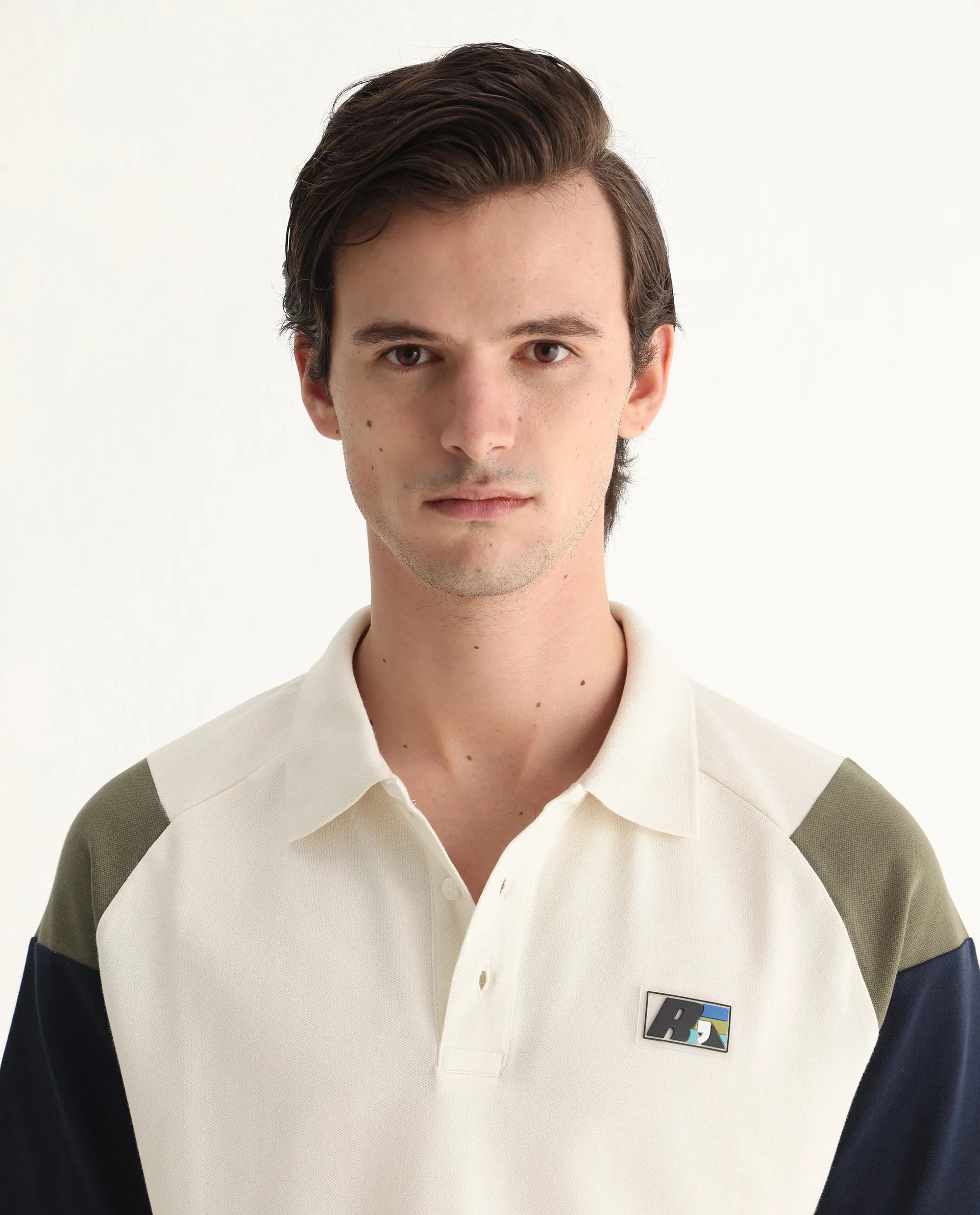 Rare Rabbit Men's Lucid Off White Cotton Blend Cut And Sew Relaxed Fit Half Sleeve Polo