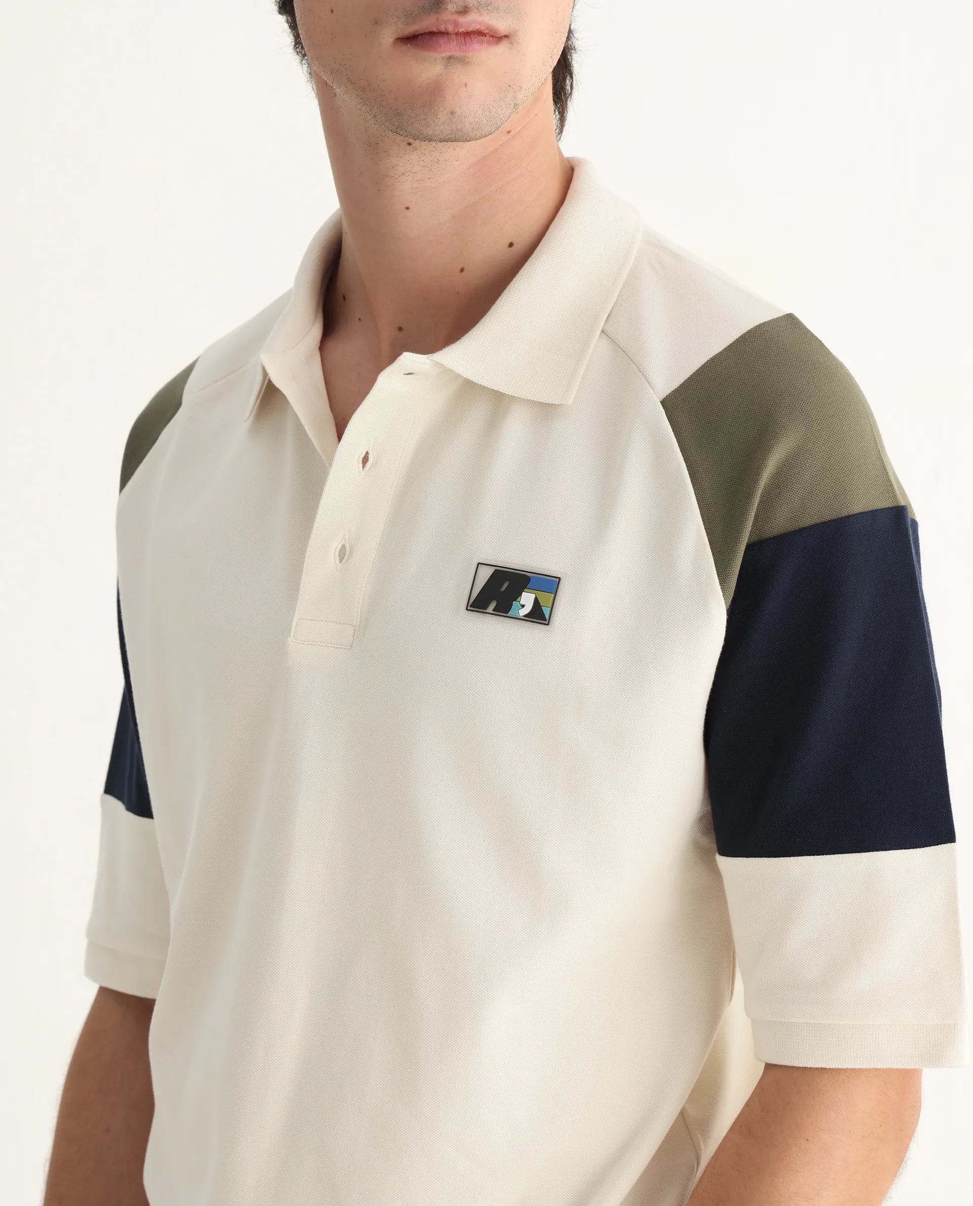 Rare Rabbit Men's Lucid Off White Cotton Blend Cut And Sew Relaxed Fit Half Sleeve Polo