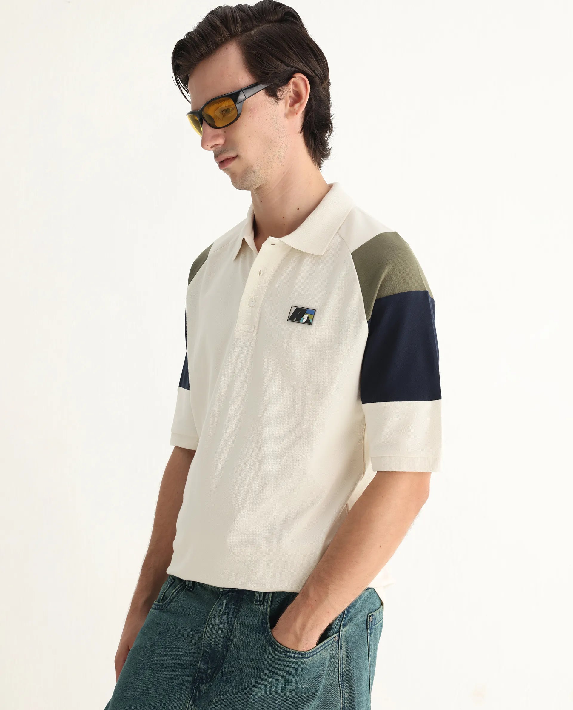 Rare Rabbit Men's Lucid Off White Cotton Blend Cut And Sew Relaxed Fit Half Sleeve Polo