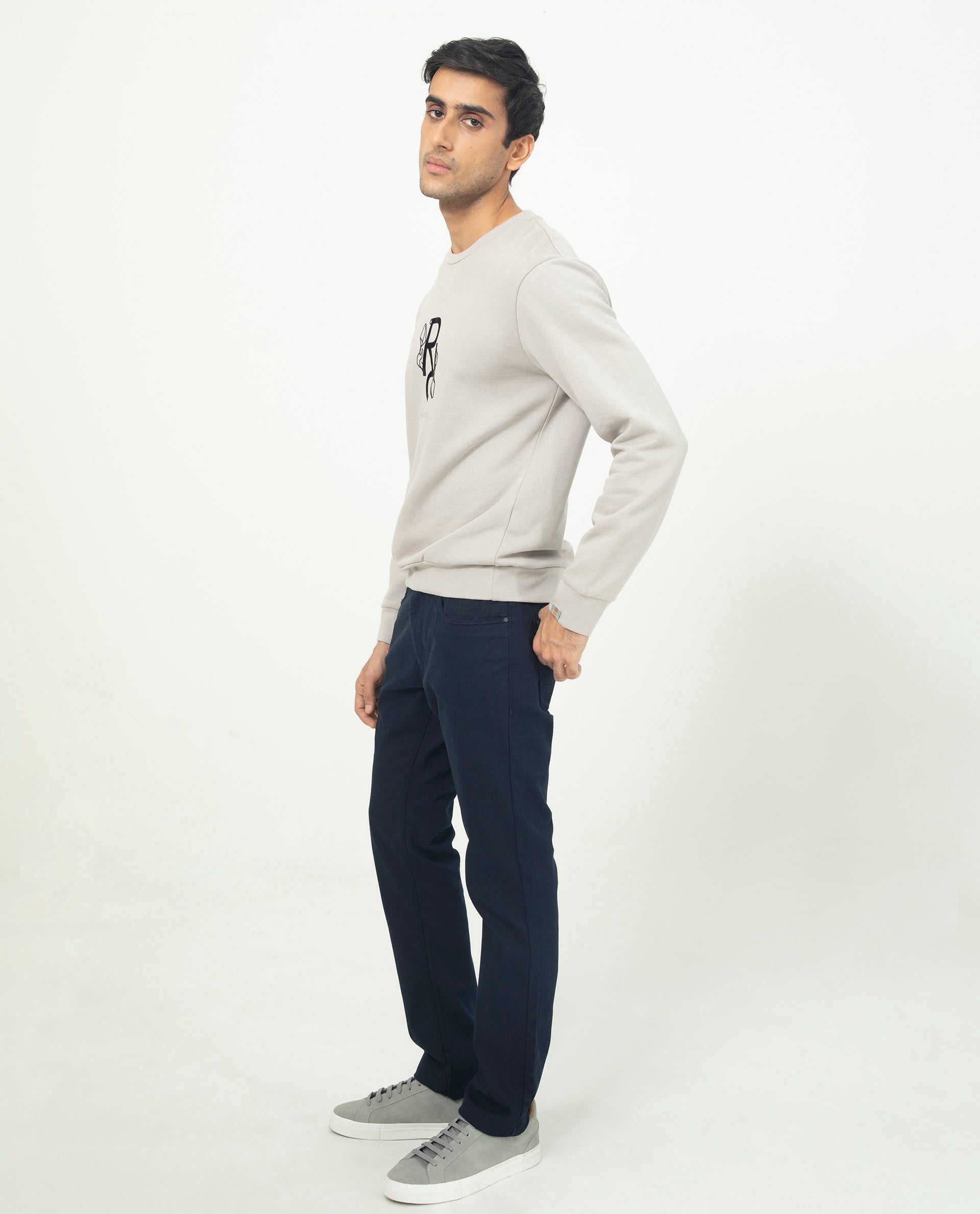 Rare Rabbit Mens Lucien Grey Cotton Polyester Fabric Full Sleeves Graphic Printed Logo Knitted Sweatshirt
