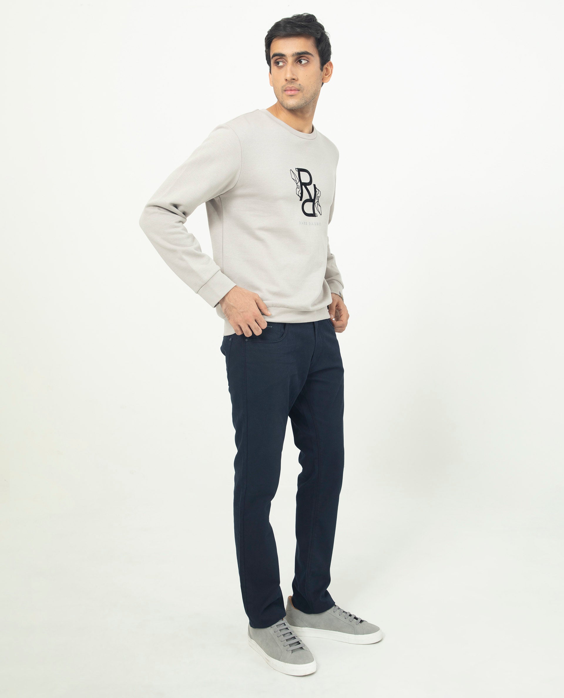Rare Rabbit Mens Lucien Grey Cotton Polyester Fabric Full Sleeves Graphic Printed Logo Knitted Sweatshirt