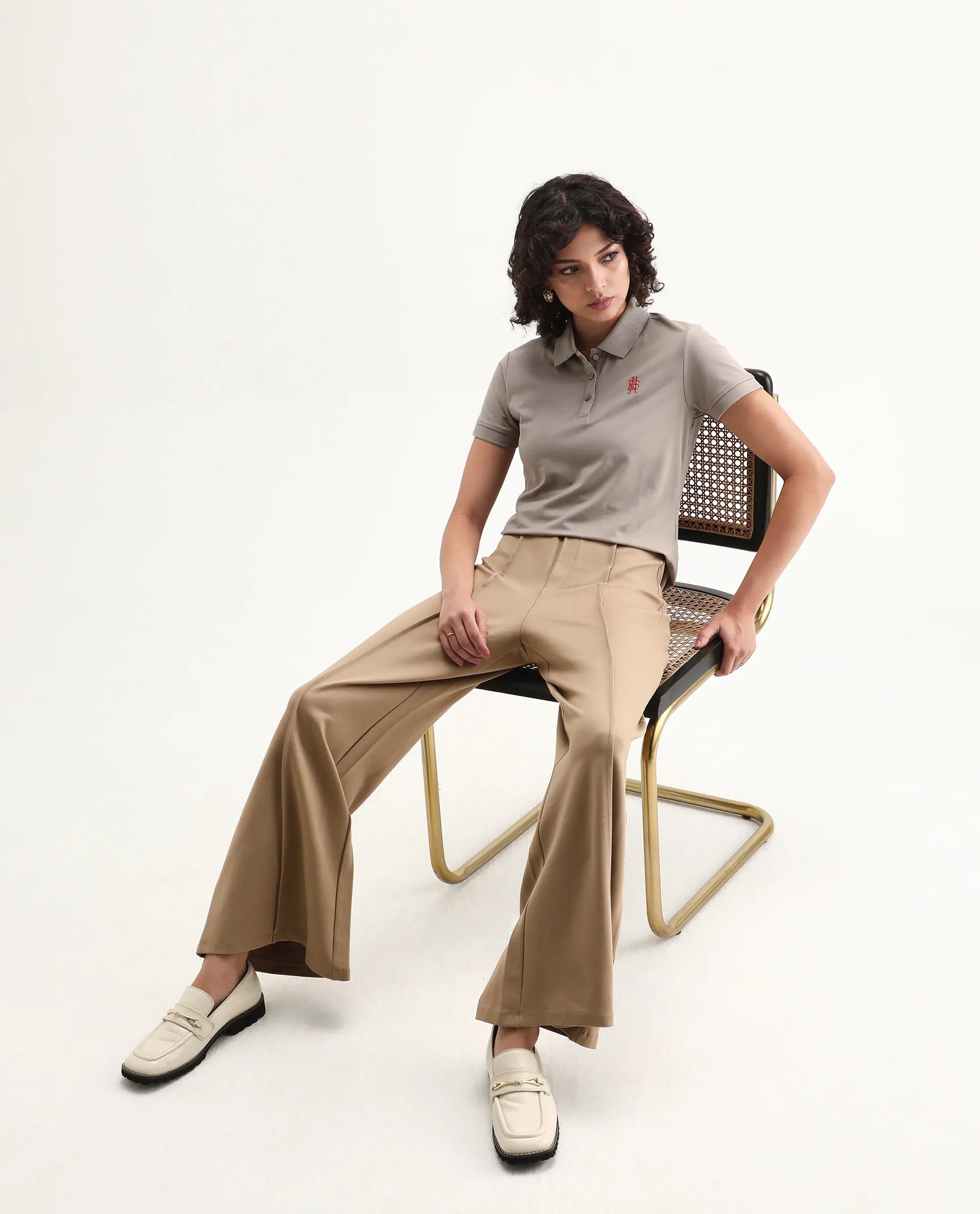 Rareism Women's Lugano Dusky Brown Cotton Blend Polo Neck Plain Regular Fit Polo