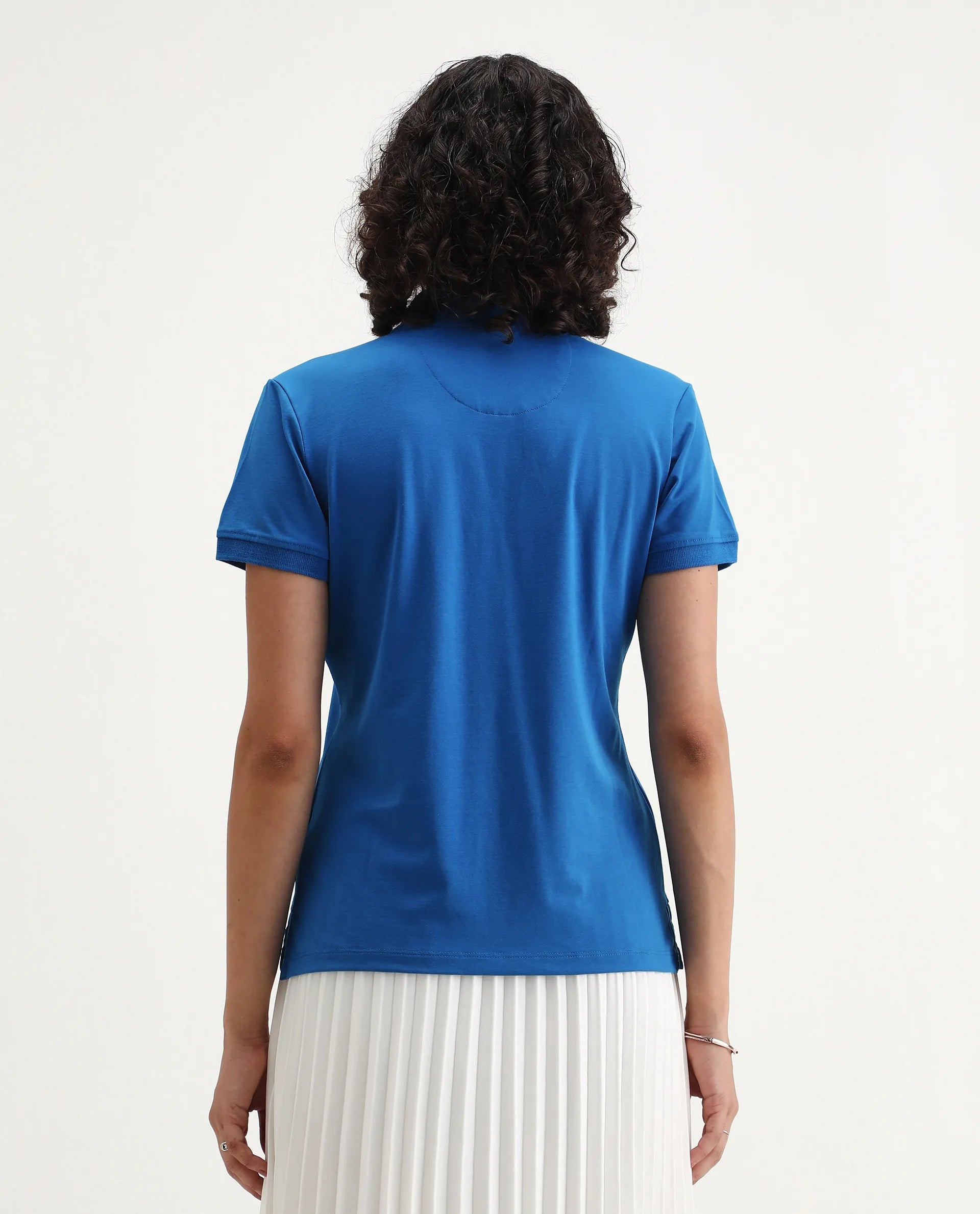 Rareism Women's Lugano Blue Cotton Blend Polo Neck Plain Regular Fit Polo