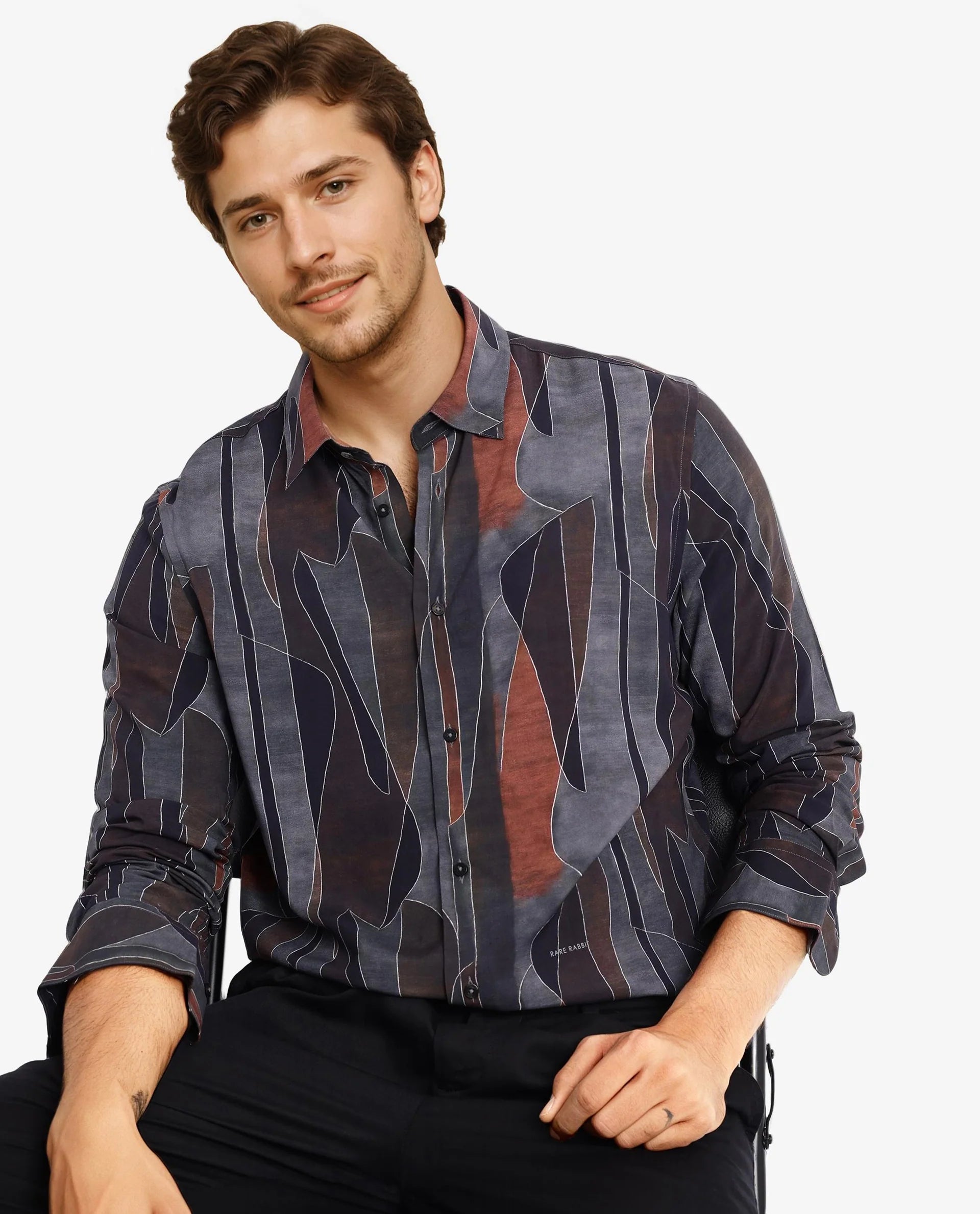 Rare Rabbit Men Lumo Ls Black Full Sleeve Regular Fit Abstract Print Shirt