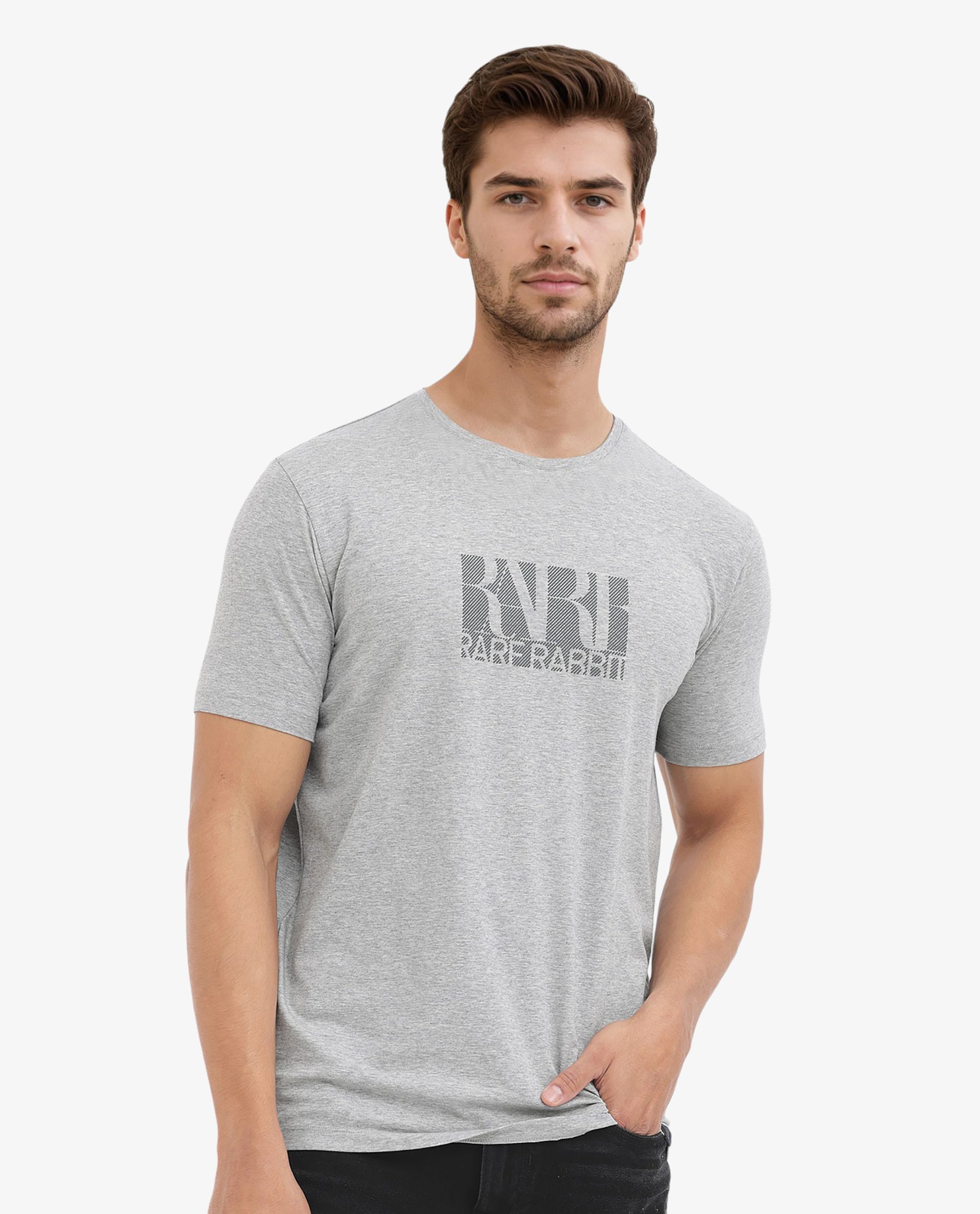 Rare Rabbit Men's Luno Mel Grey Cotton Lycra Fabric Half Sleeves Melange Graphic Print T-Shirt