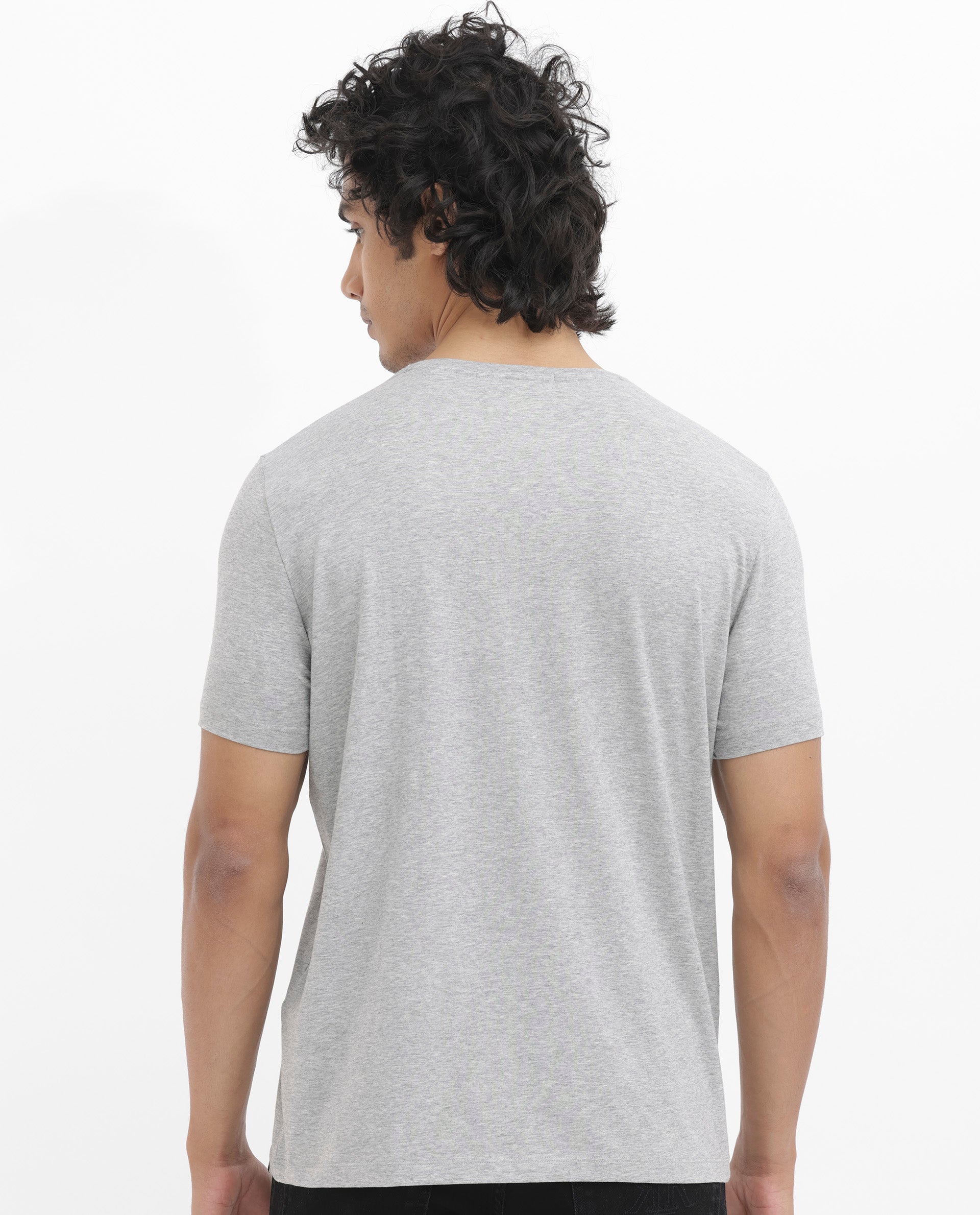 Rare Rabbit Men's Luno Mel Grey Cotton Lycra Fabric Half Sleeves Melange Graphic Print T-Shirt