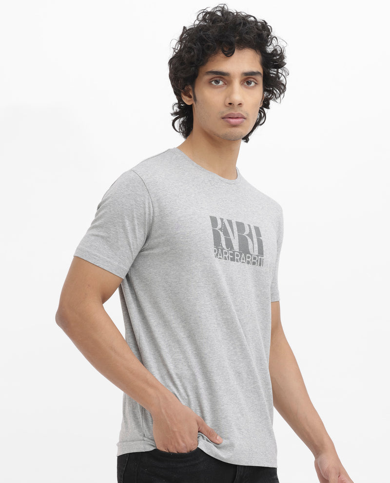 Rare Rabbit Men's Luno Mel Grey Cotton Lycra Fabric Half Sleeves Melange Graphic Print T-Shirt