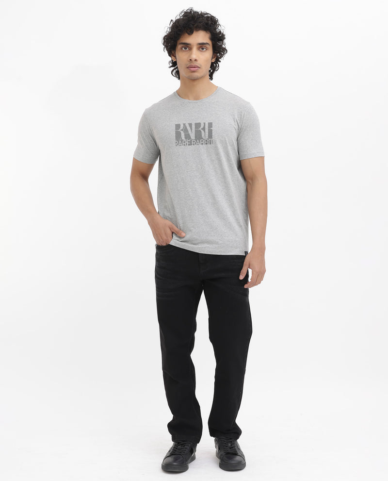 Rare Rabbit Men's Luno Mel Grey Cotton Lycra Fabric Half Sleeves Melange Graphic Print T-Shirt