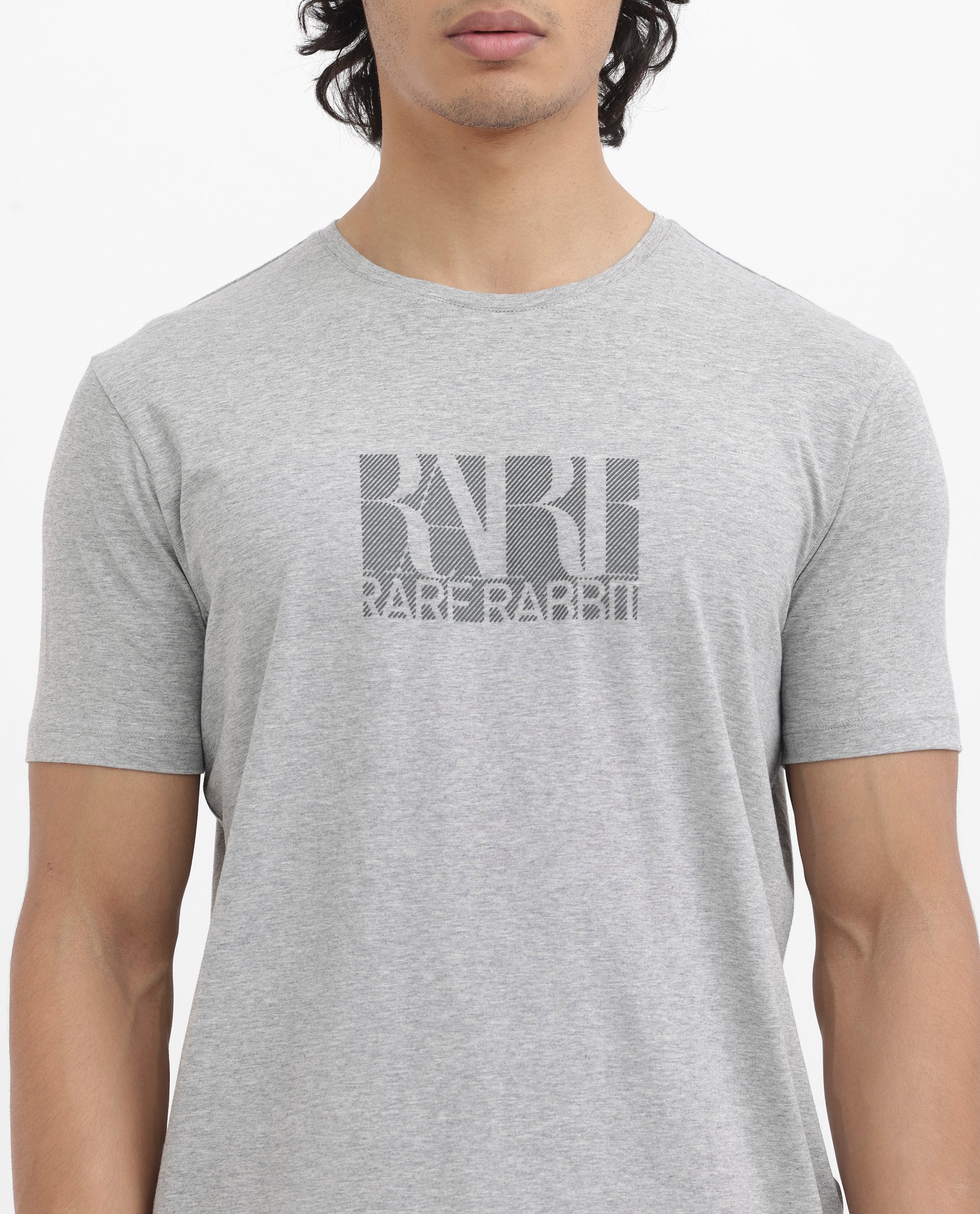 Rare Rabbit Men's Luno Mel Grey Cotton Lycra Fabric Half Sleeves Melange Graphic Print T-Shirt