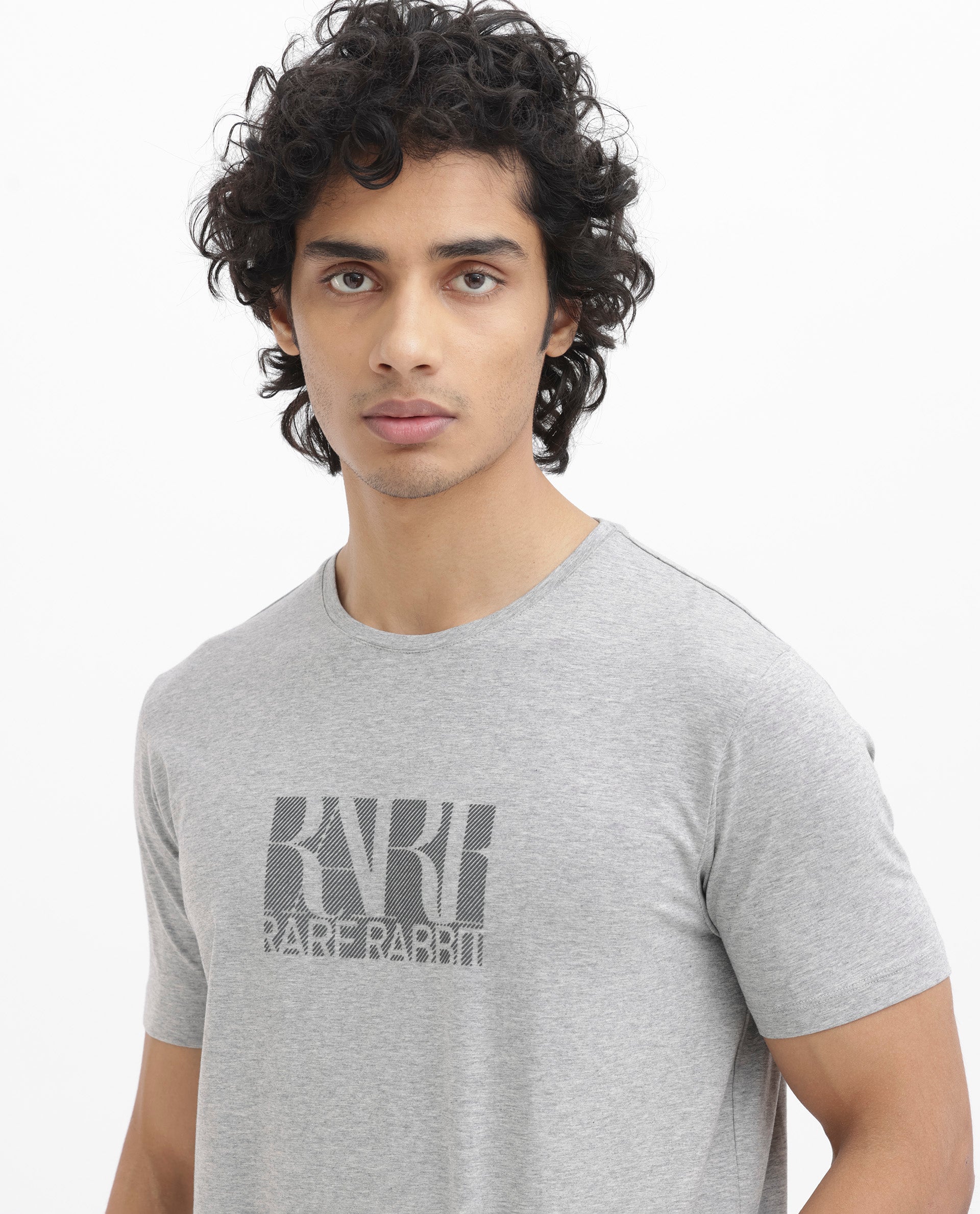 Rare Rabbit Men's Luno Mel Grey Cotton Lycra Fabric Half Sleeves Melange Graphic Print T-Shirt