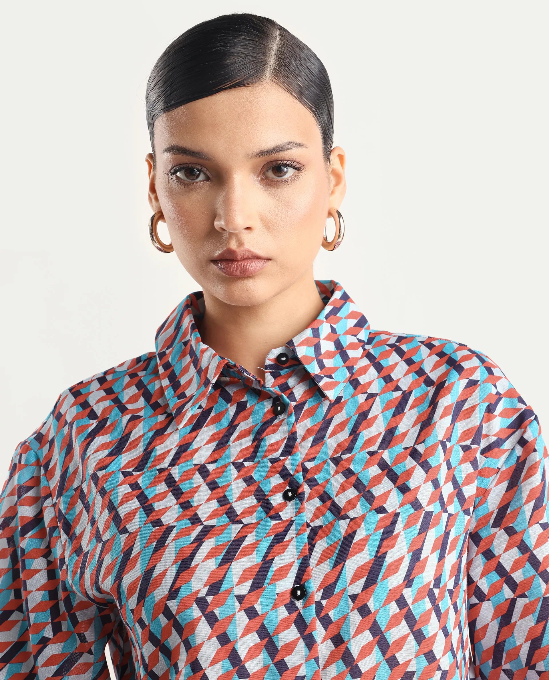 Rareism Women's Luren Dark Multi Cotton Blend Drop Collar Geometric Print Cuffed Sleeve Regular Fit Shirt