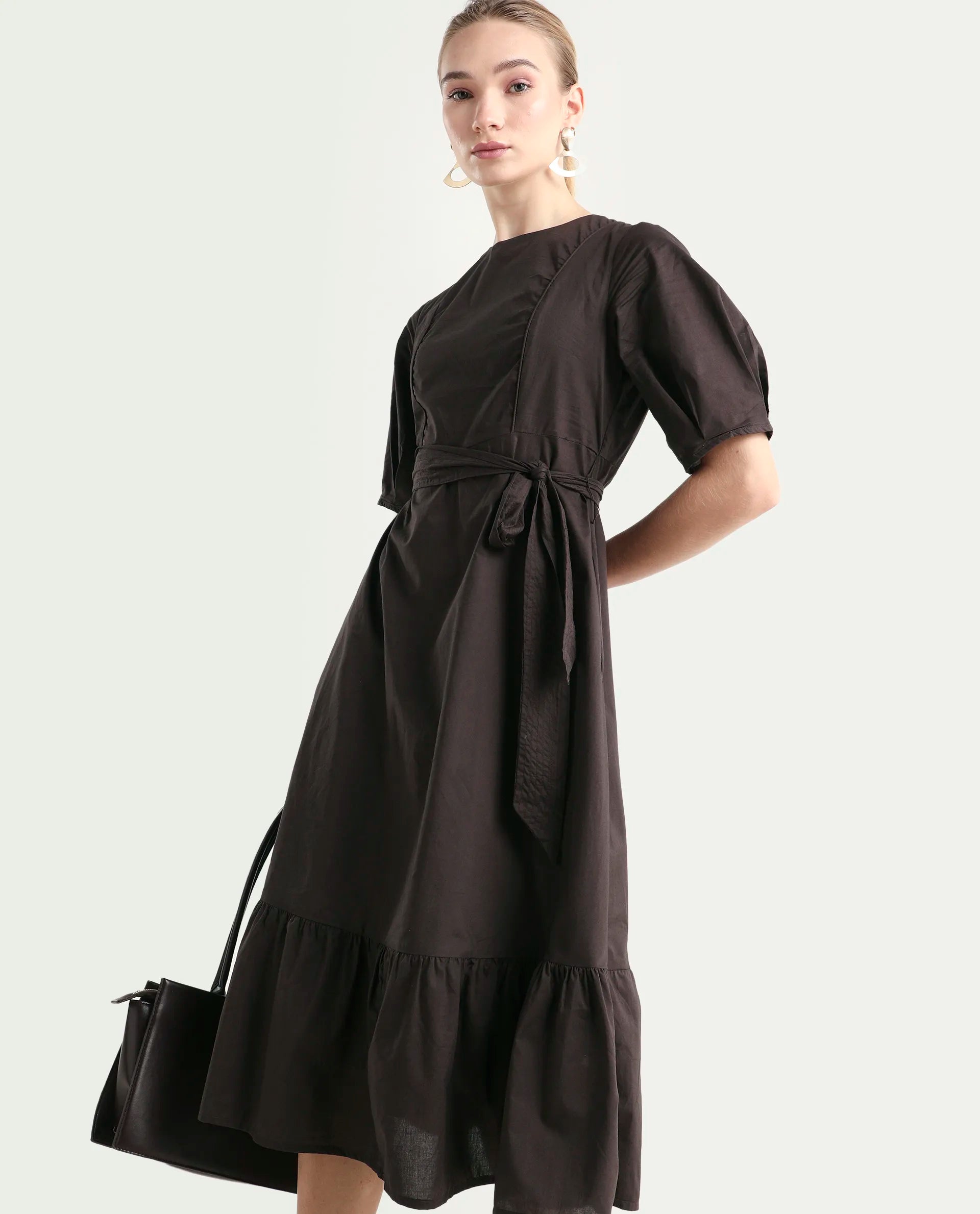 Rareism Women's Lusine Brown Crew Neck Plain Bishop Sleeve Midi Fit And Flare Dress