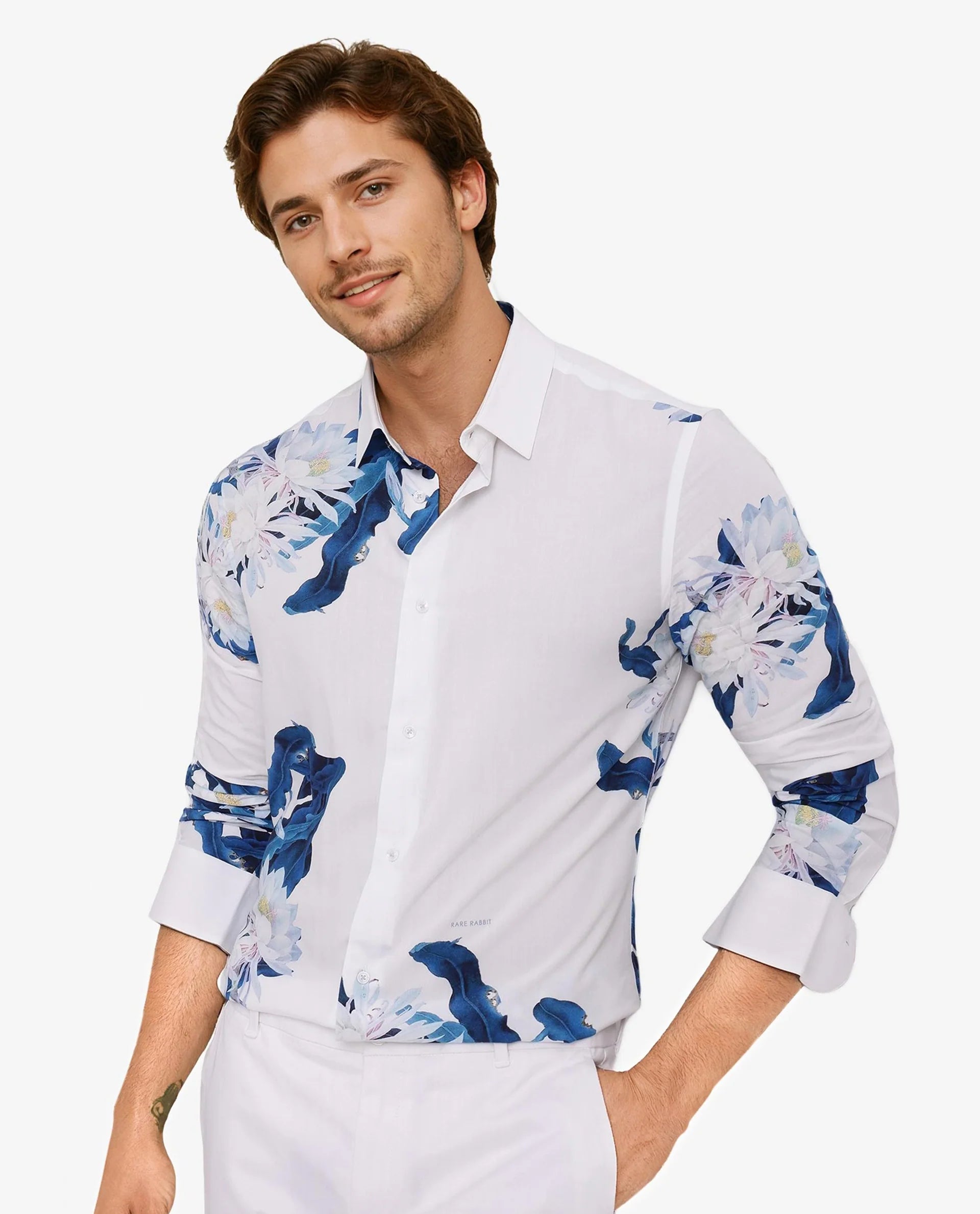 Rare Rabbit Men Lycro-1 White Full Sleeve Regular Fit Shirt