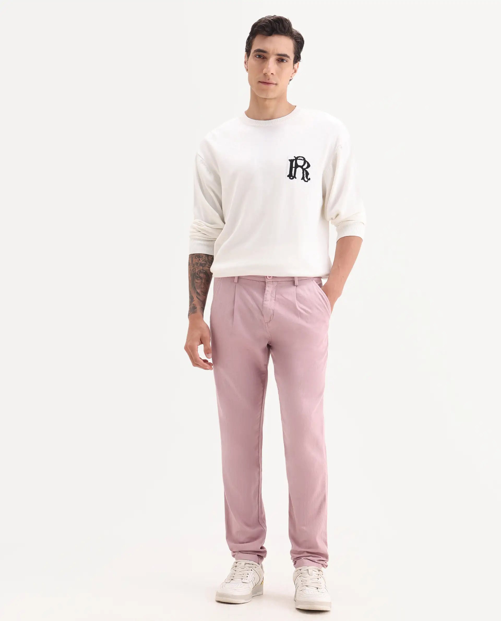 Rare Rabbit Men's Lyte Pink Cotton Plain Regular Fit Trouser