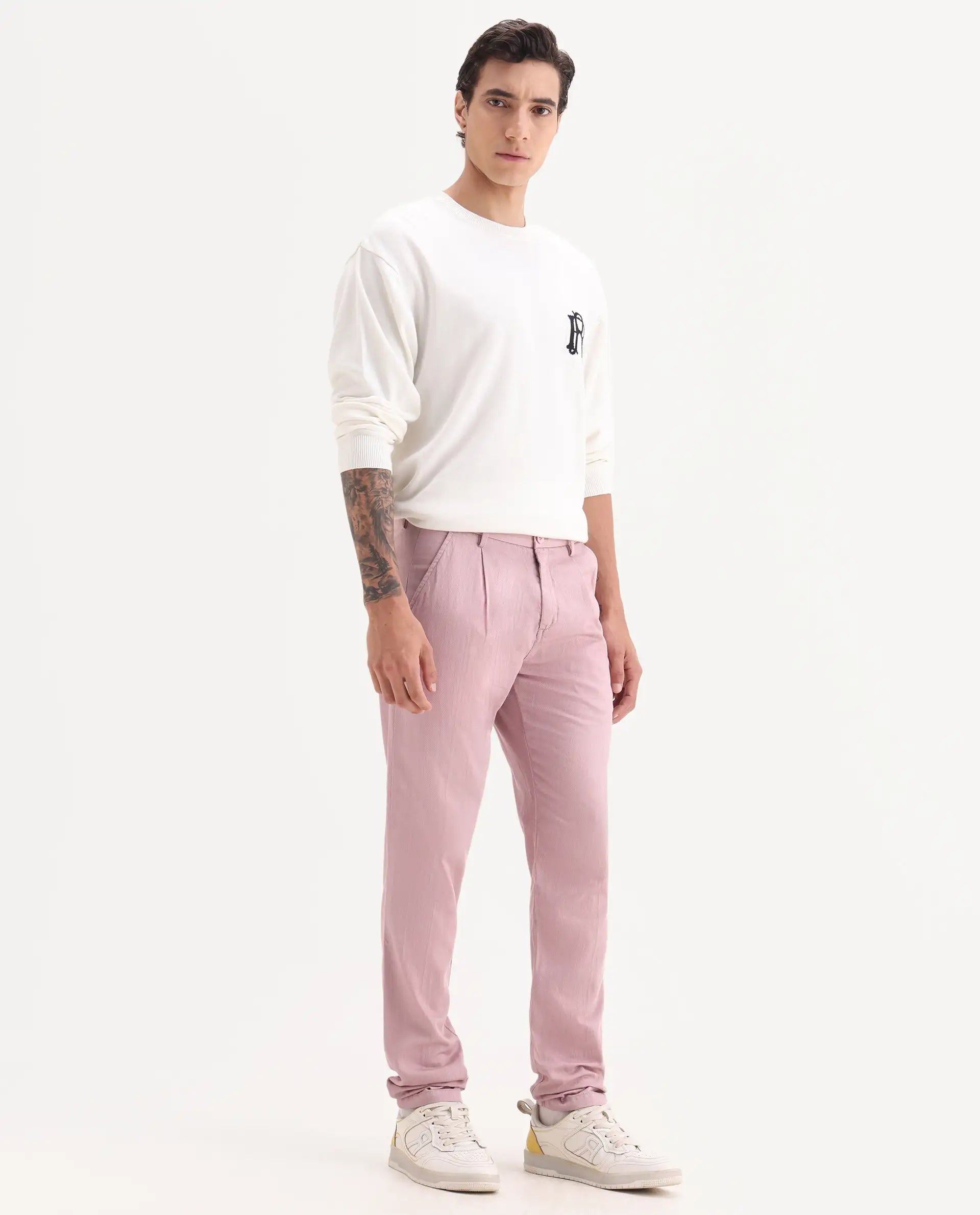 Rare Rabbit Men's Lyte Pink Cotton Plain Regular Fit Trouser