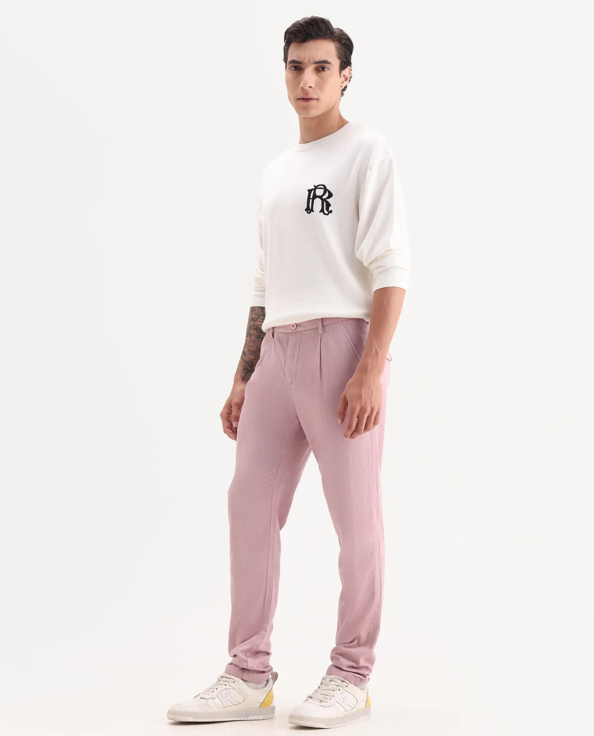 Rare Rabbit Men's Lyte Pink Cotton Plain Regular Fit Trouser