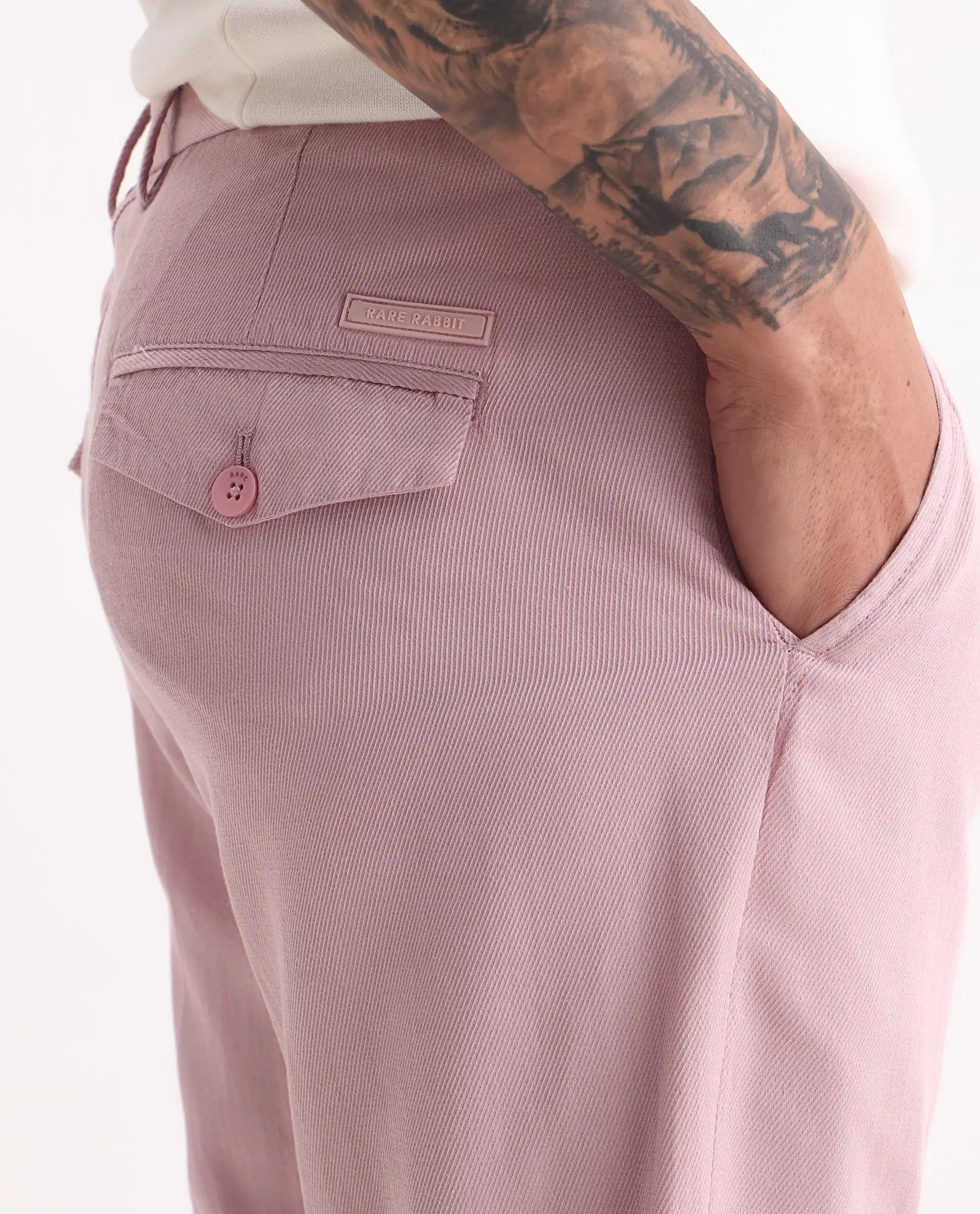 Rare Rabbit Men's Lyte Pink Cotton Plain Regular Fit Trouser