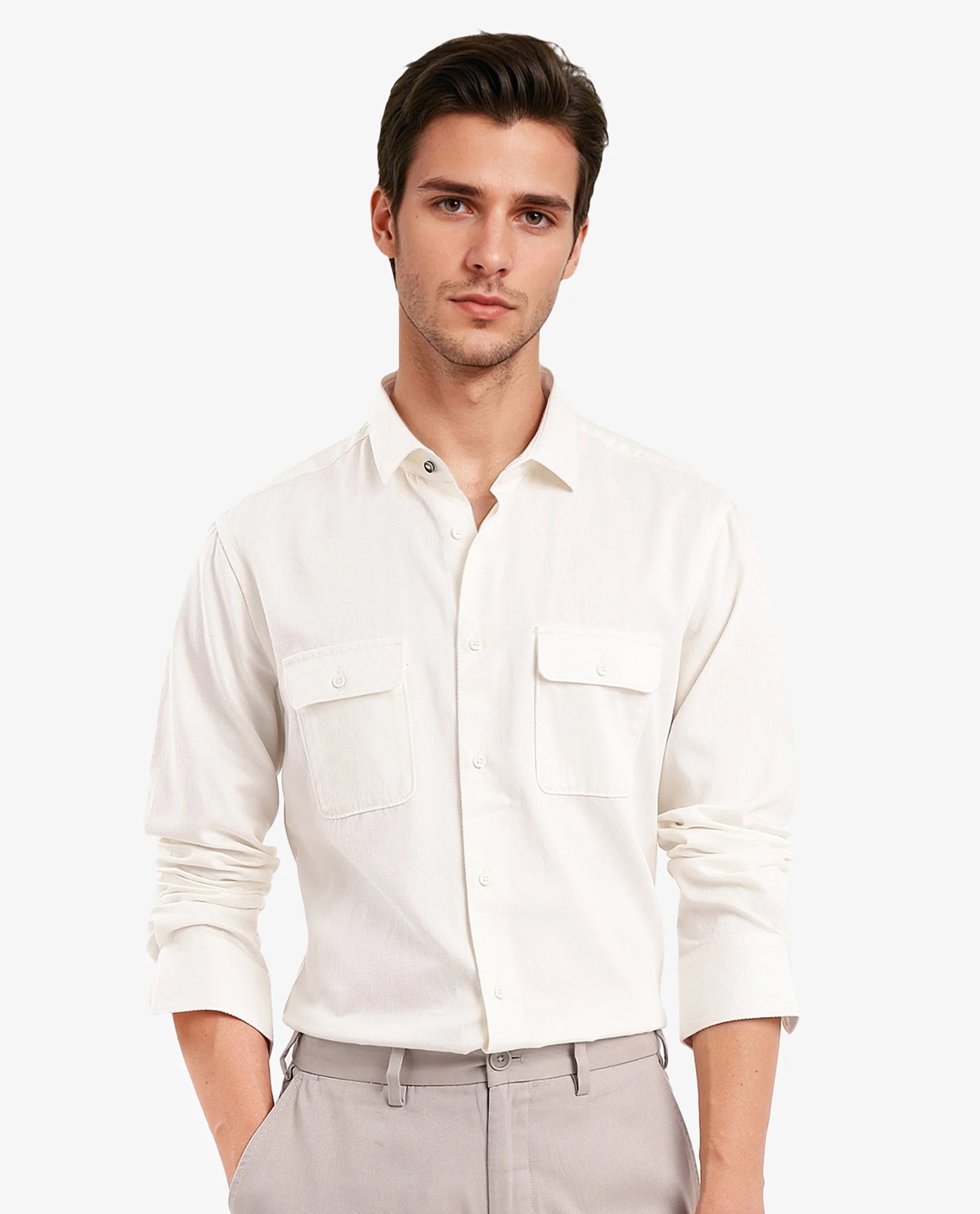 Rare Rabbit Men's Lyton-2 Off White Cotton Fabric Full Sleeves Two Flap Pocket Solid Twill Shirt