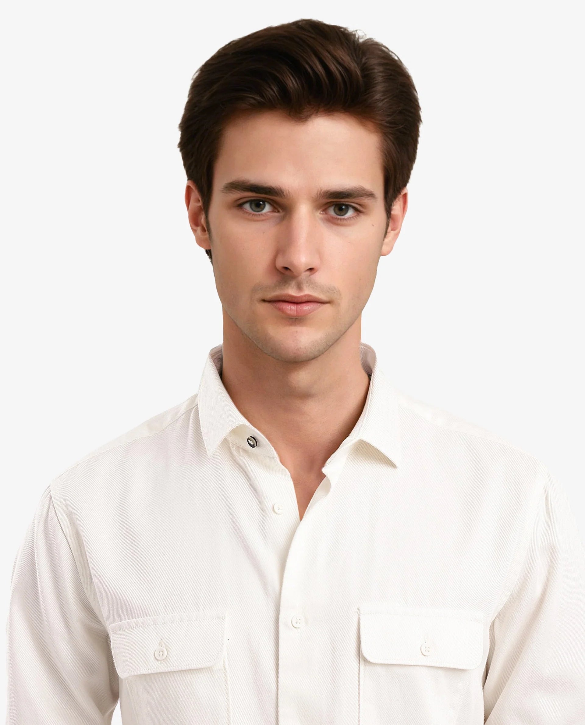 Rare Rabbit Men's Lyton-2 Off White Cotton Fabric Full Sleeves Two Flap Pocket Solid Twill Shirt