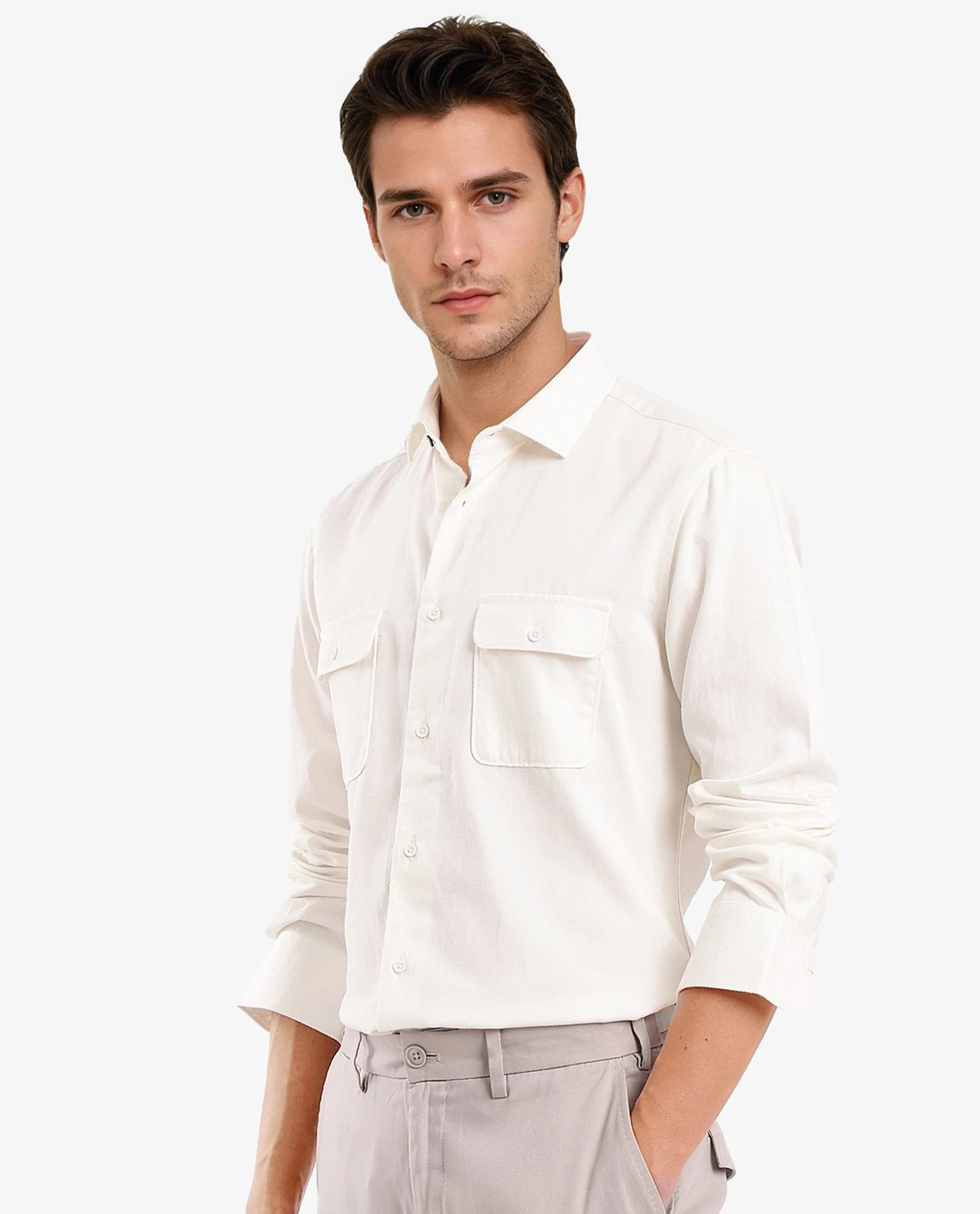 Rare Rabbit Men's Lyton-2 Off White Cotton Fabric Full Sleeves Two Flap Pocket Solid Twill Shirt