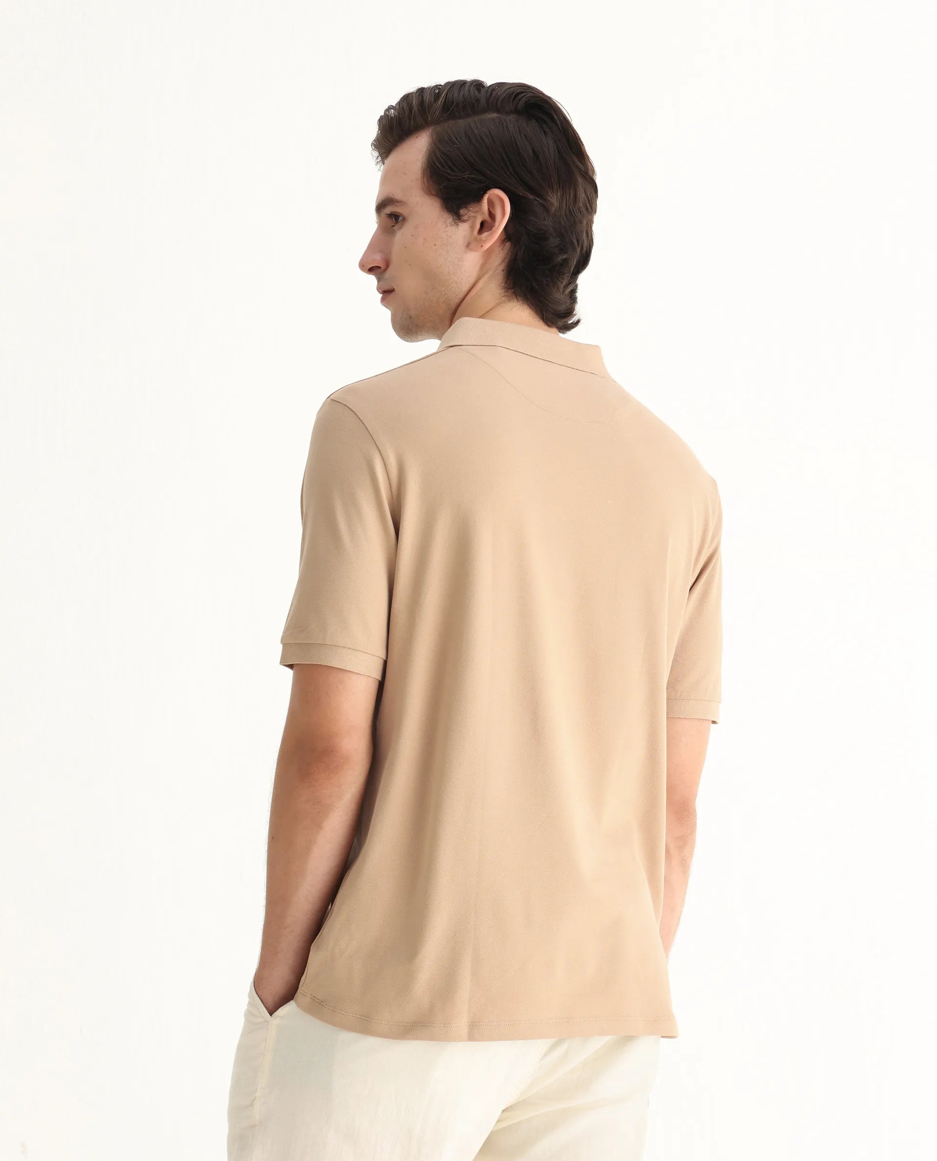 Rare Rabbit Men's Mabe Beige Cotton Plain Regular Fit Half Sleeve Polo
