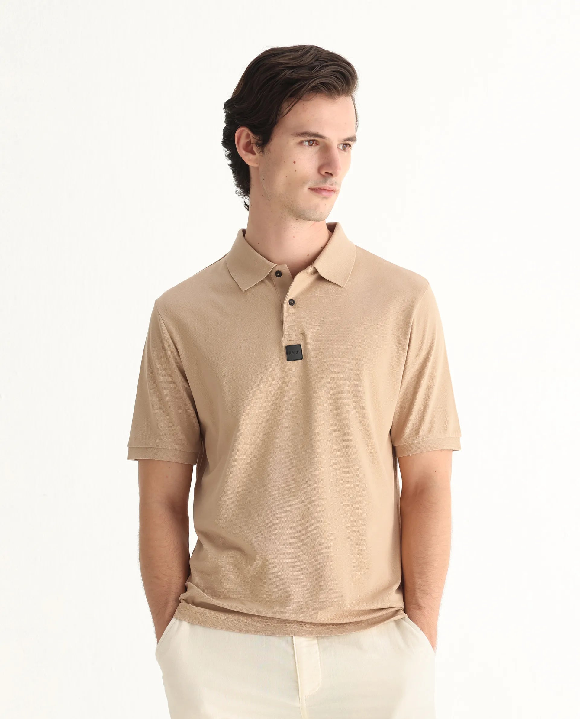 Rare Rabbit Men's Mabe Beige Cotton Plain Regular Fit Half Sleeve Polo