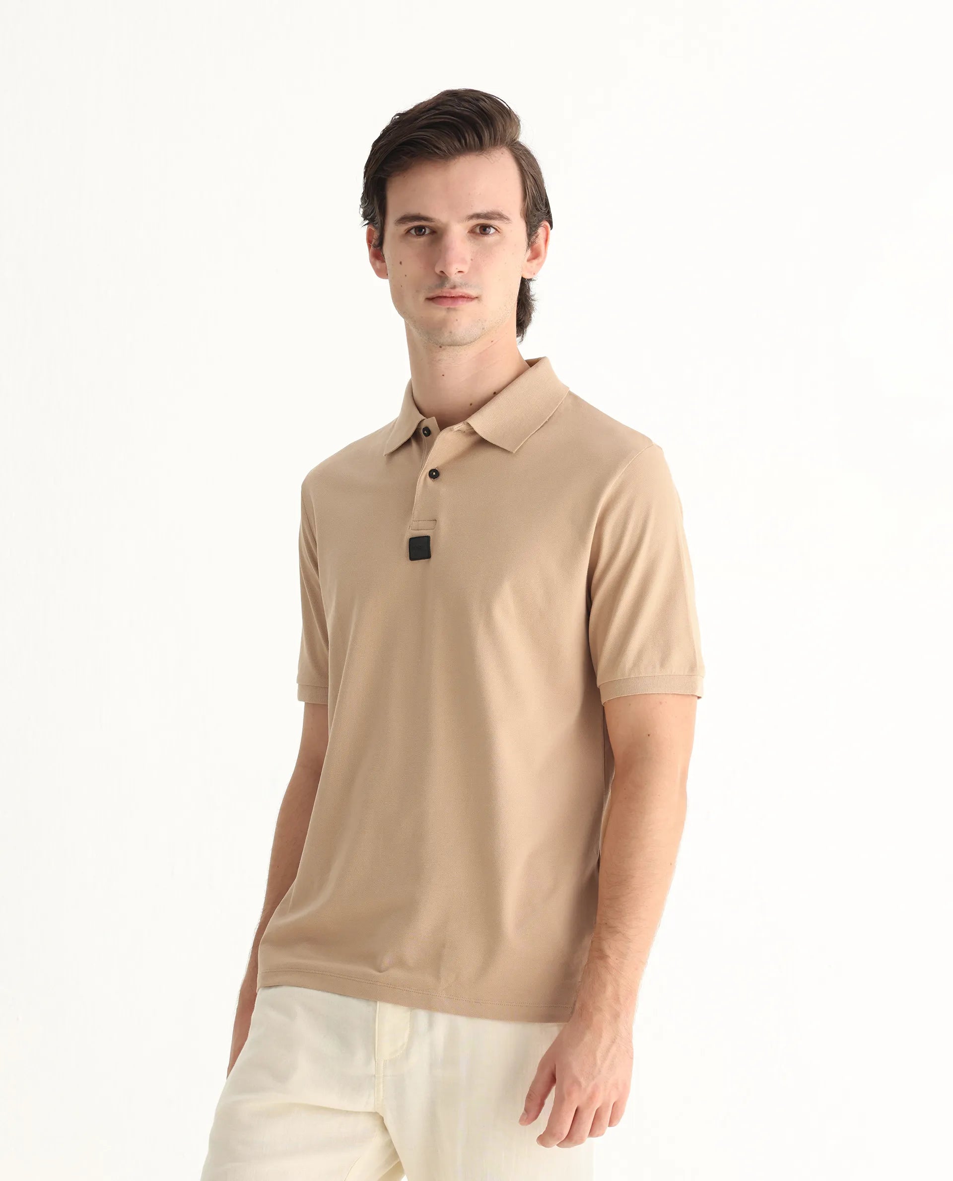 Rare Rabbit Men's Mabe Beige Cotton Plain Regular Fit Half Sleeve Polo