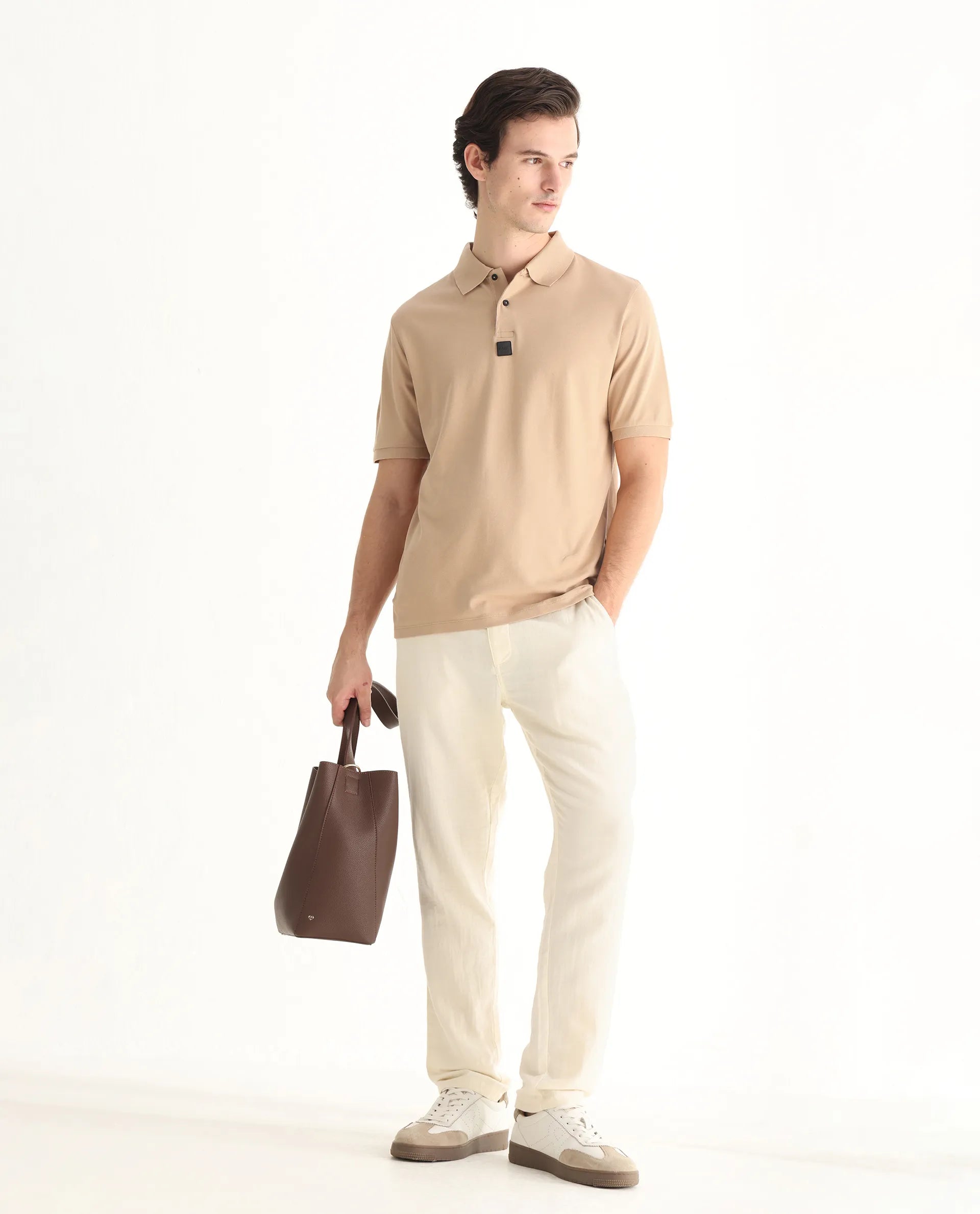 Rare Rabbit Men's Mabe Beige Cotton Plain Regular Fit Half Sleeve Polo