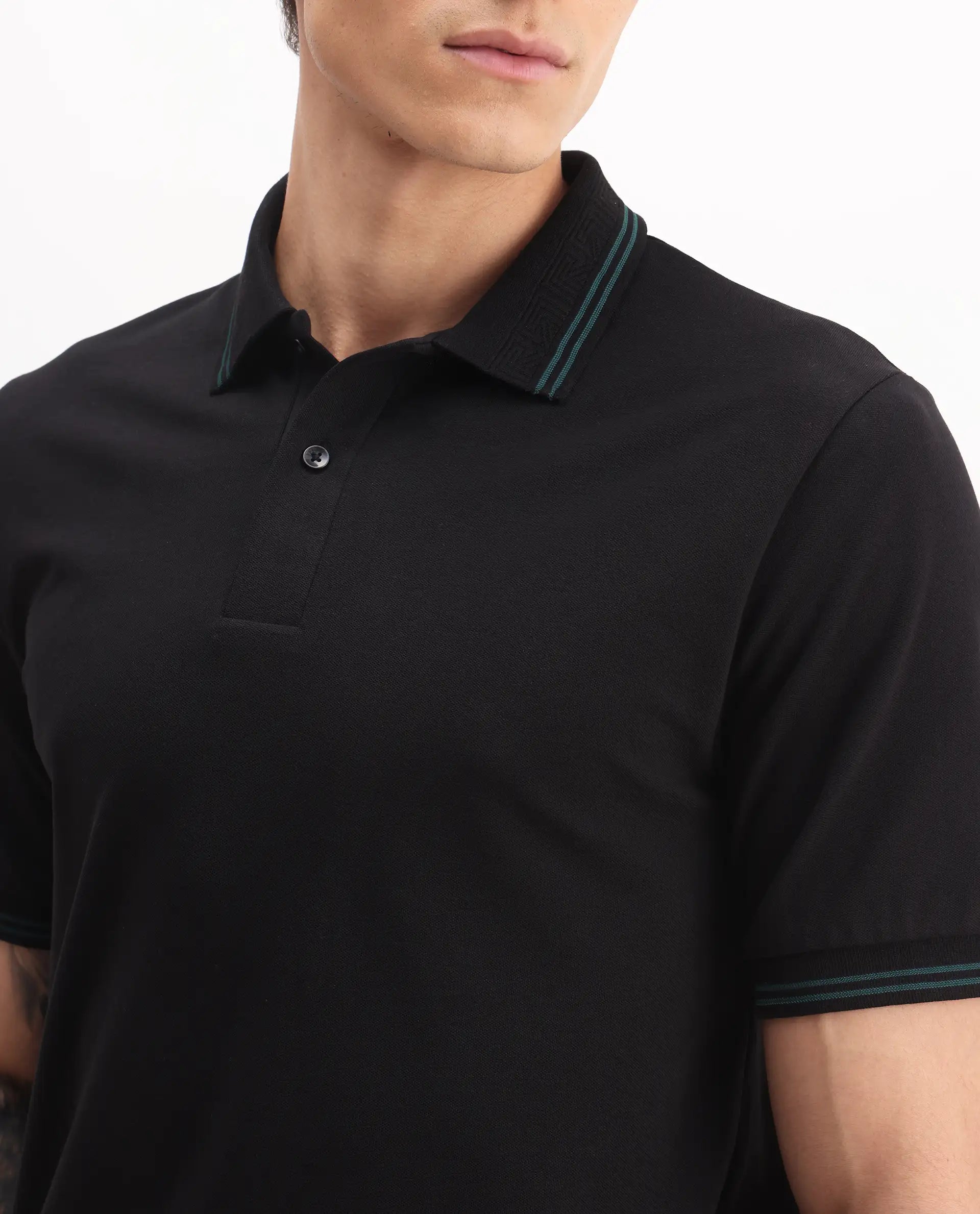 Rare Rabbit Men's Mace Black Cotton Blend Plain Regular Fit Half Sleeve Polo