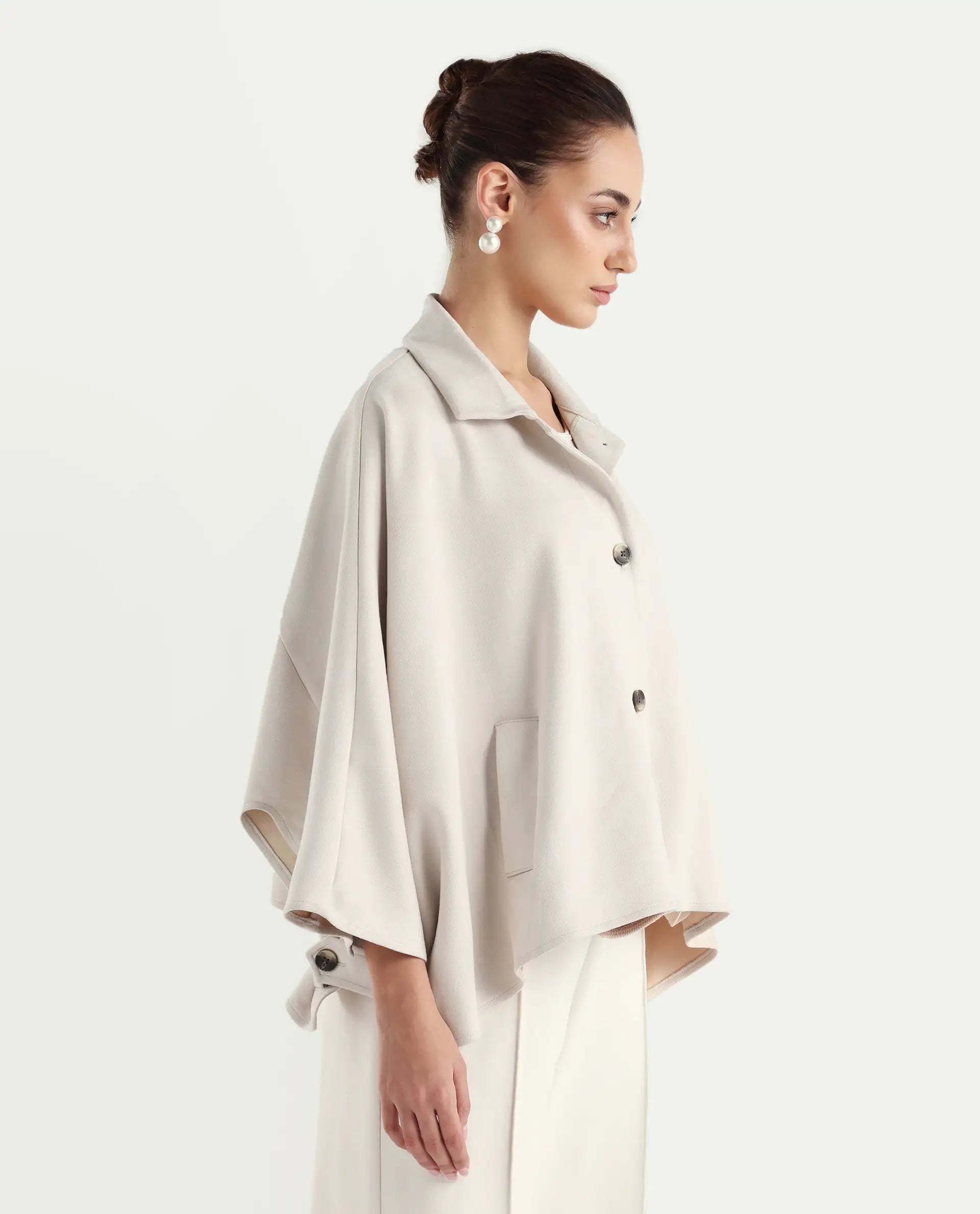 Rareism Women's Macqua Light Beige Suede Spread Collar Plain Boxy Fit Jacket