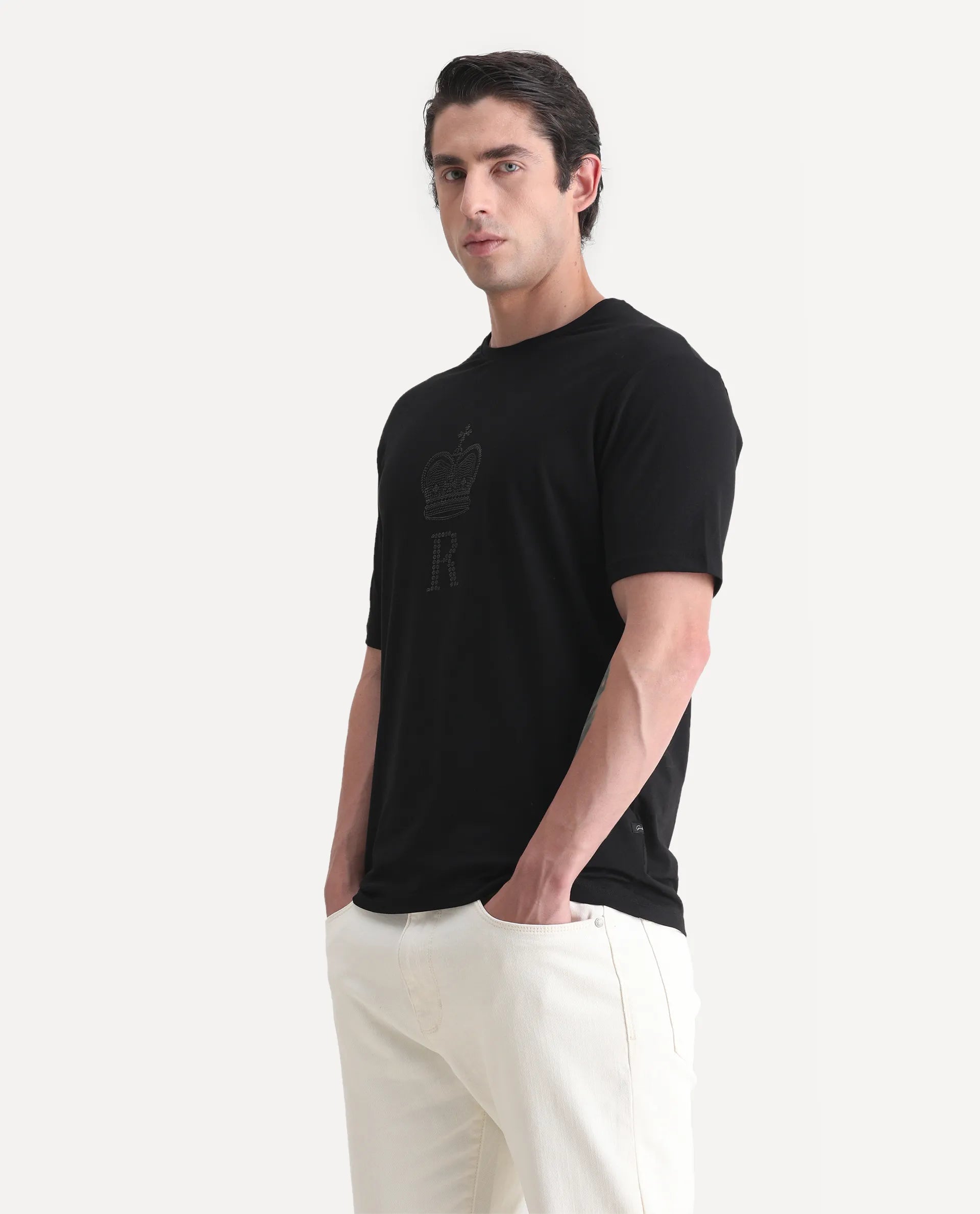 Rare Rabbit Men's Maisel-25 Black Cotton Blend Hd Print Regular Fit Half Sleeve Crew Neck T-Shirt