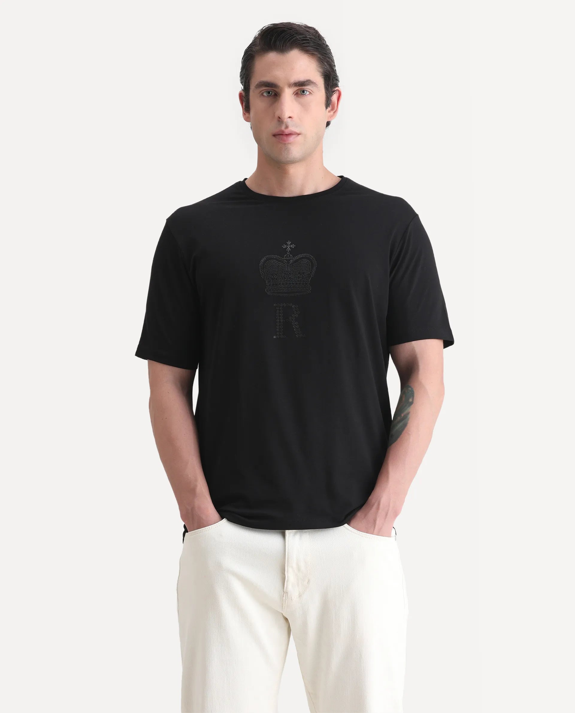 Rare Rabbit Men's Maisel-25 Black Cotton Blend Hd Print Regular Fit Half Sleeve Crew Neck T-Shirt