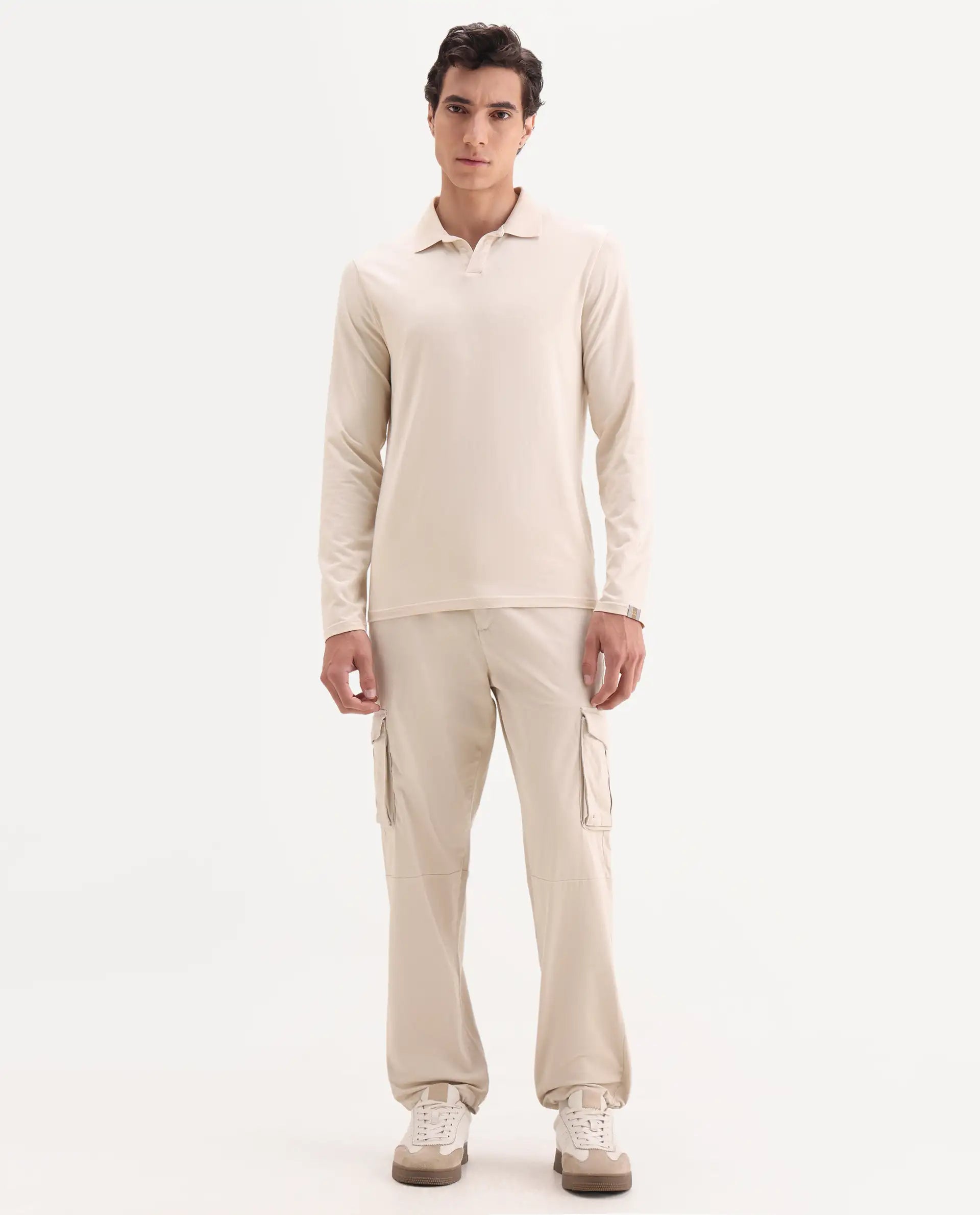 Rare Rabbit Men's Maks Off White Cotton Plain Regular Fit Trouser