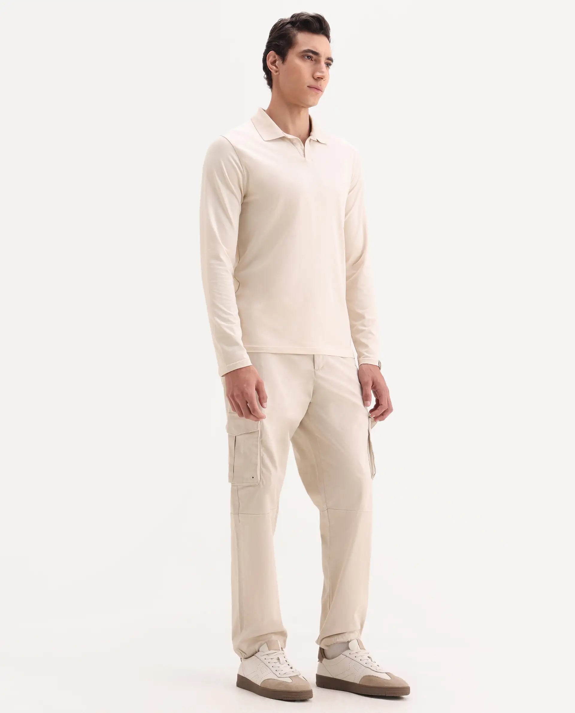 Rare Rabbit Men's Maks Off White Cotton Plain Regular Fit Trouser