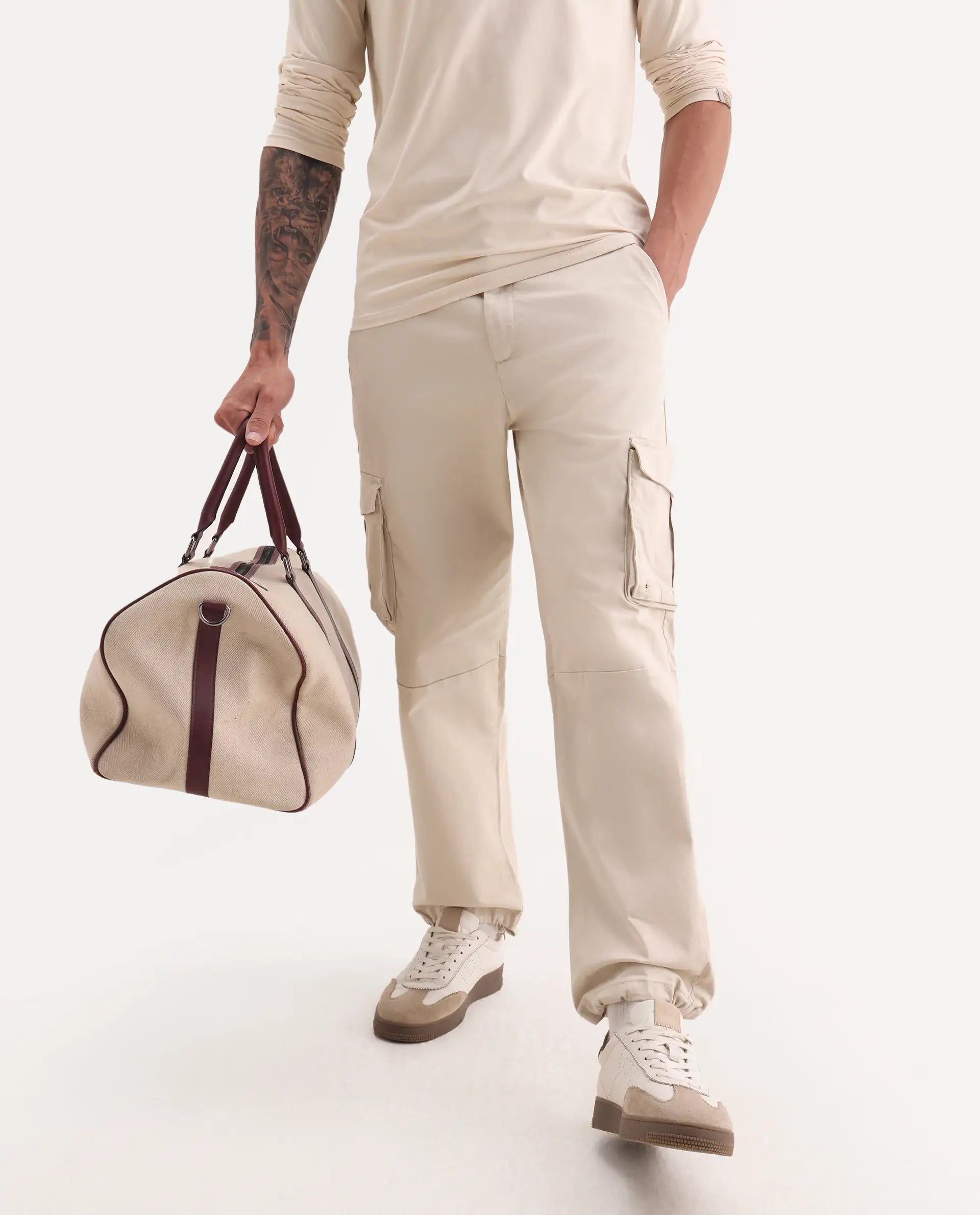 Rare Rabbit Men's Maks Off White Cotton Plain Regular Fit Trouser