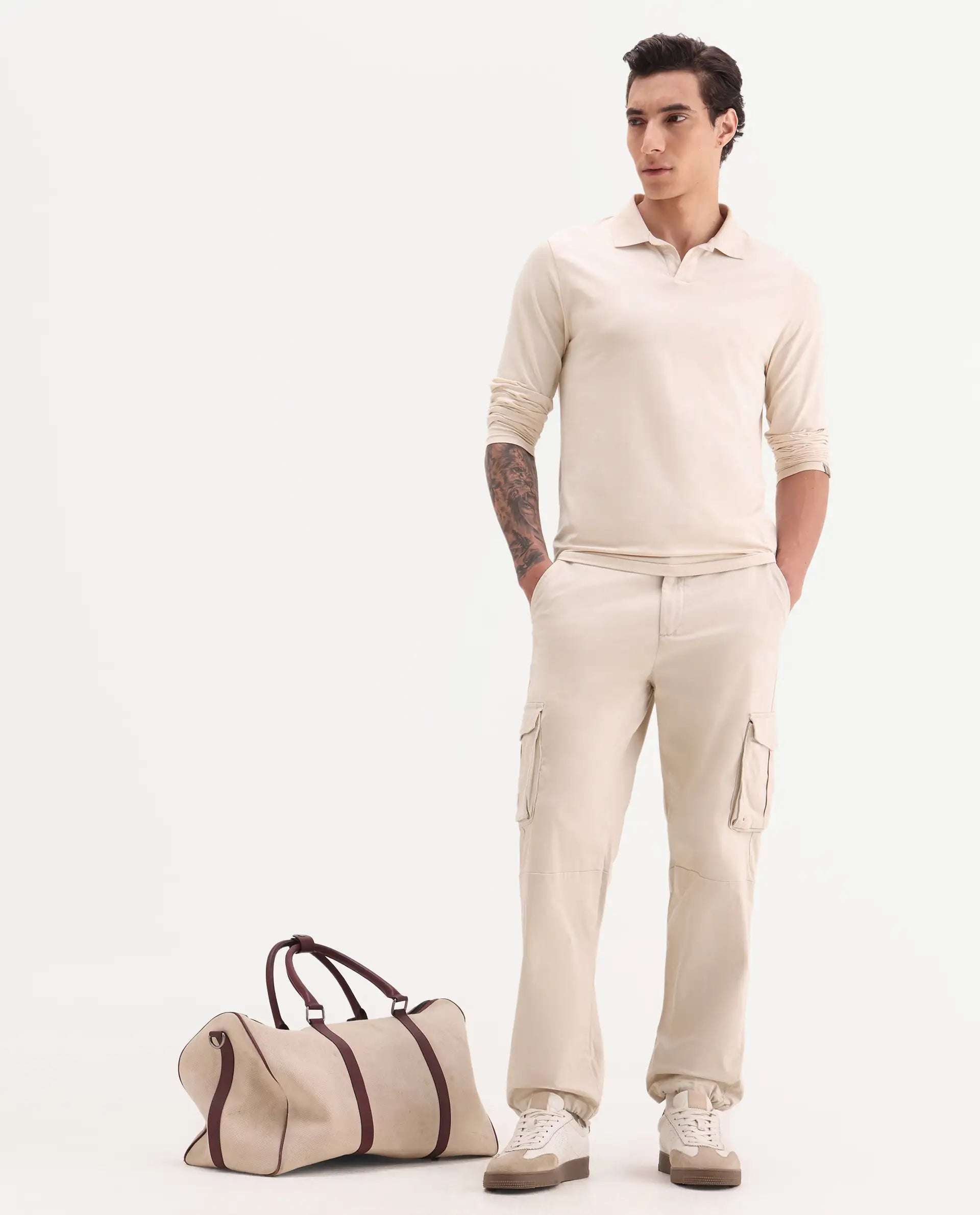 Rare Rabbit Men's Maks Off White Cotton Plain Regular Fit Trouser