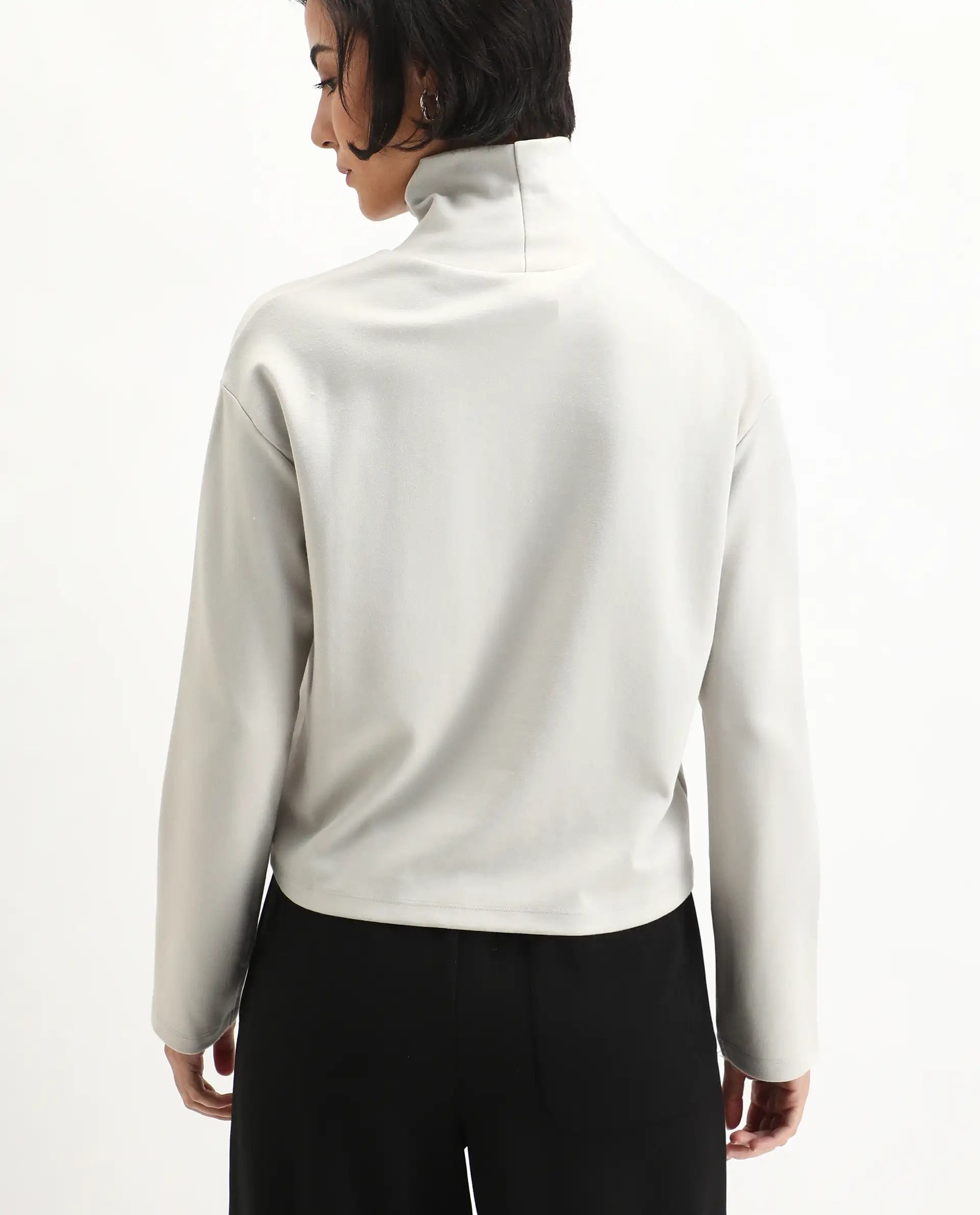 Rareism Women's Malatya Light Grey Cotton Blend Polo Neck Plain Slim Fit Top