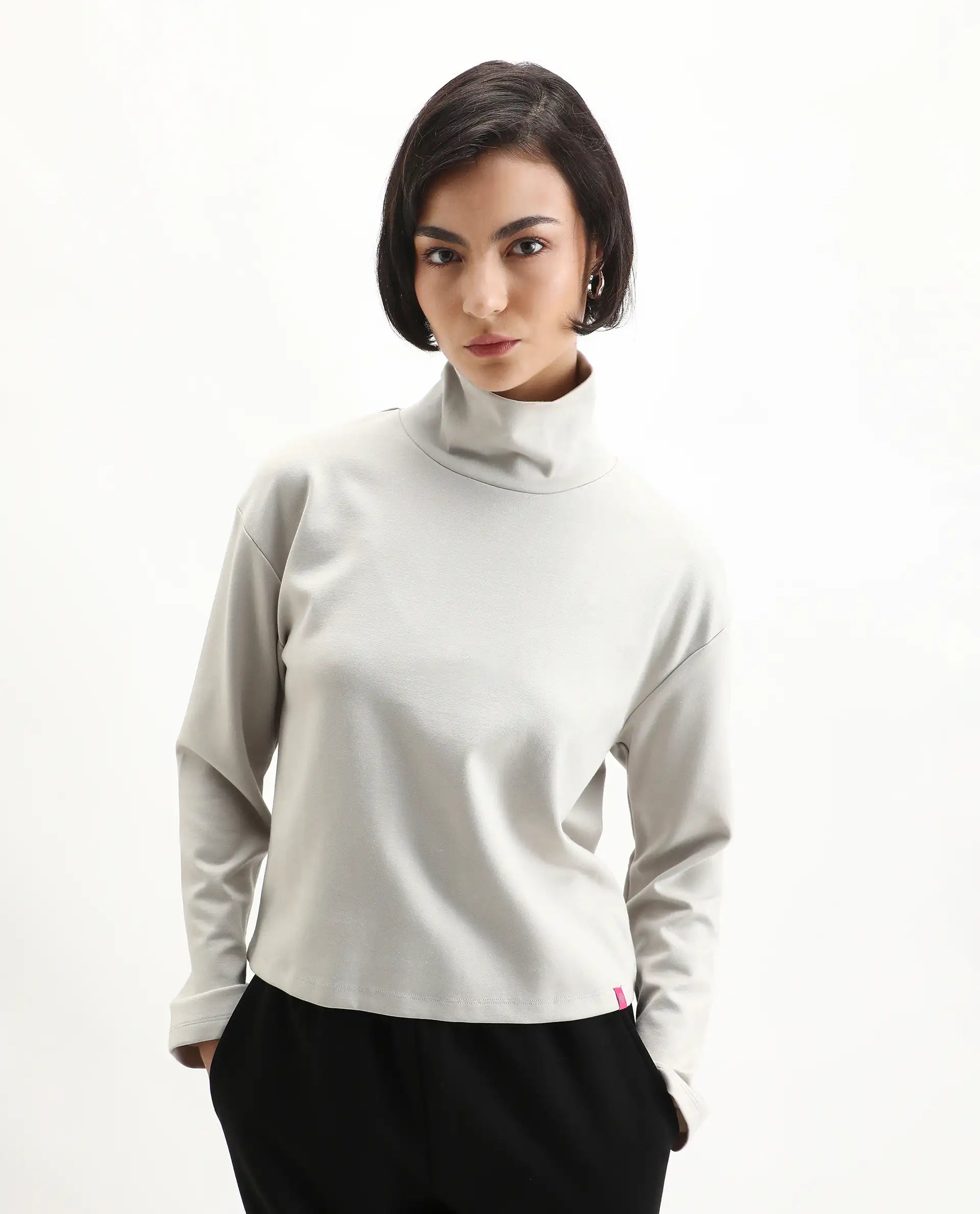 Rareism Women's Malatya Light Grey Cotton Blend Polo Neck Plain Slim Fit Top