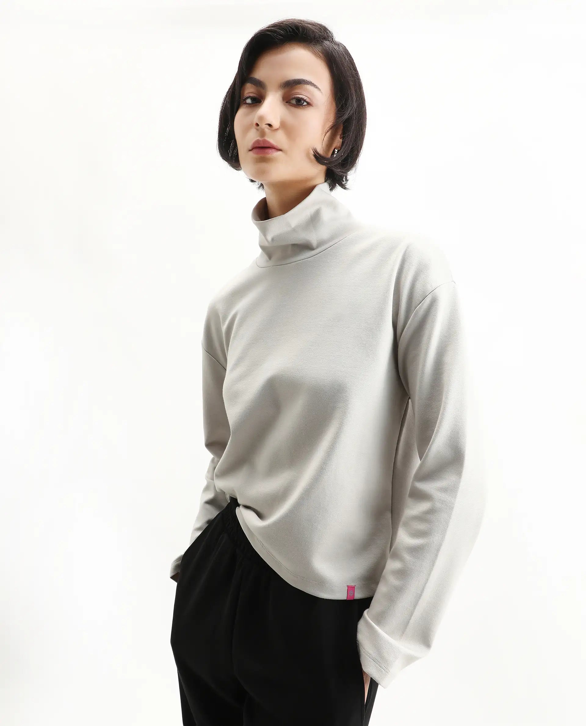 Rareism Women's Malatya Light Grey Cotton Blend Polo Neck Plain Slim Fit Top