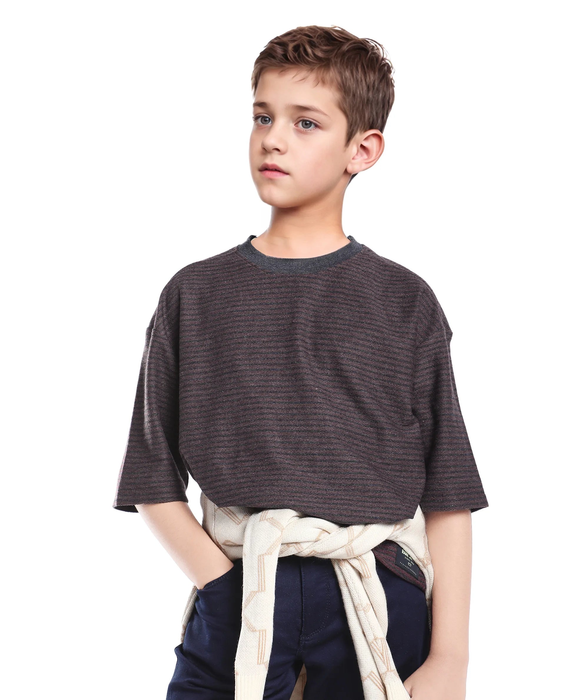 Rare Ones Kids Malco Dark Maroon Polyester Blend Pull On Striped Oversized T-Shirt