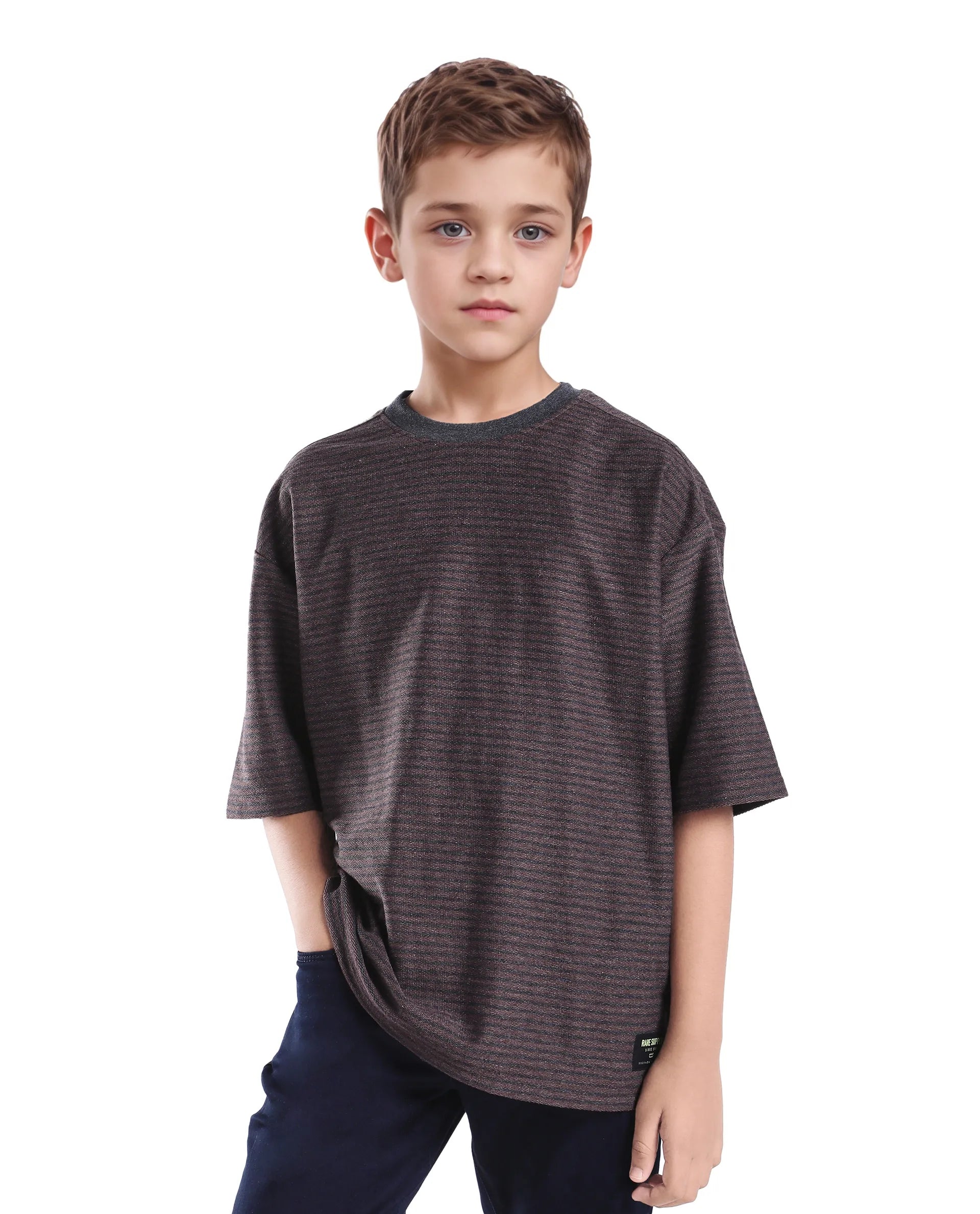Rare Ones Kids Malco Dark Maroon Polyester Blend Pull On Striped Oversized T-Shirt