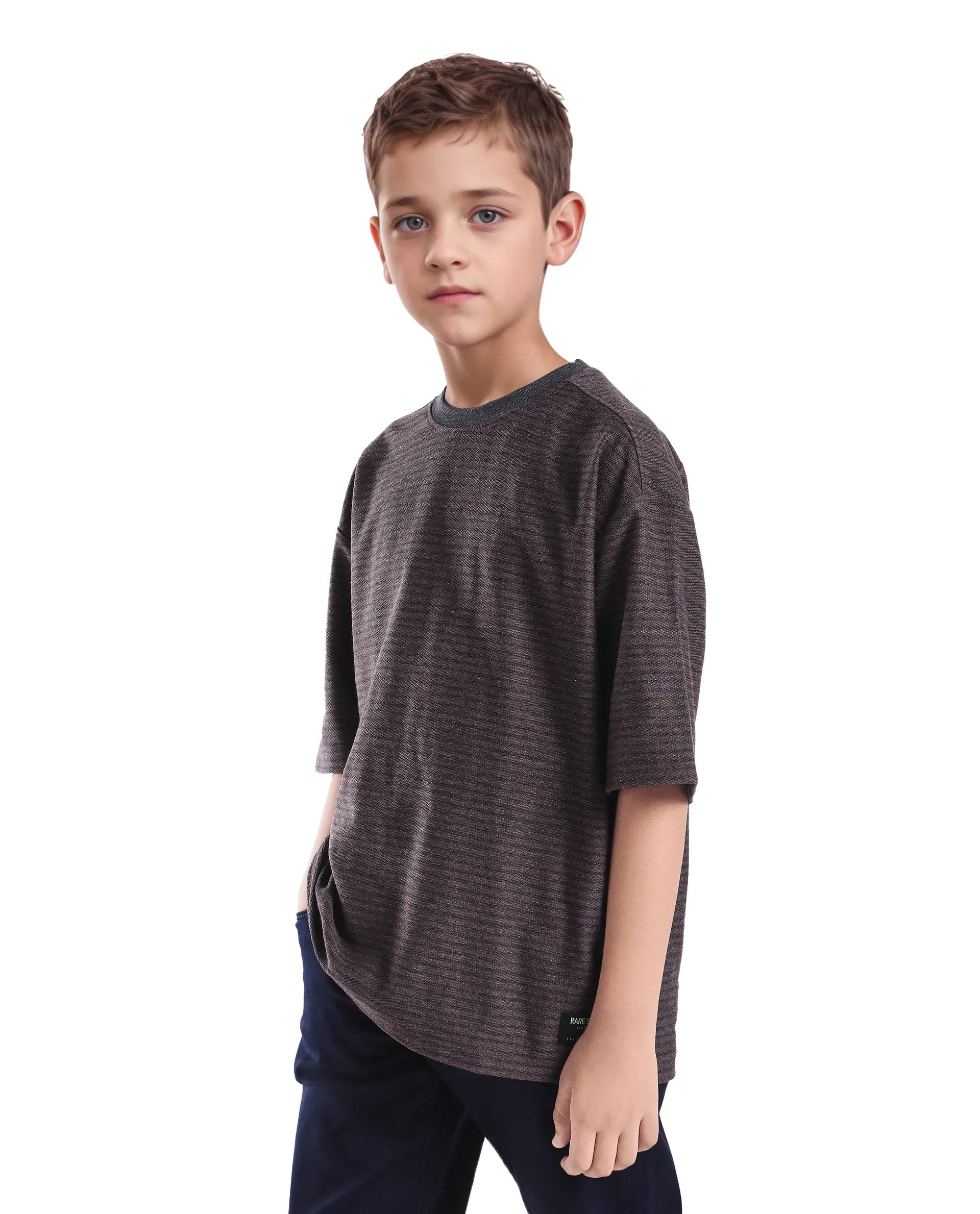 Rare Ones Kids Malco Dark Maroon Polyester Blend Pull On Striped Oversized T-Shirt