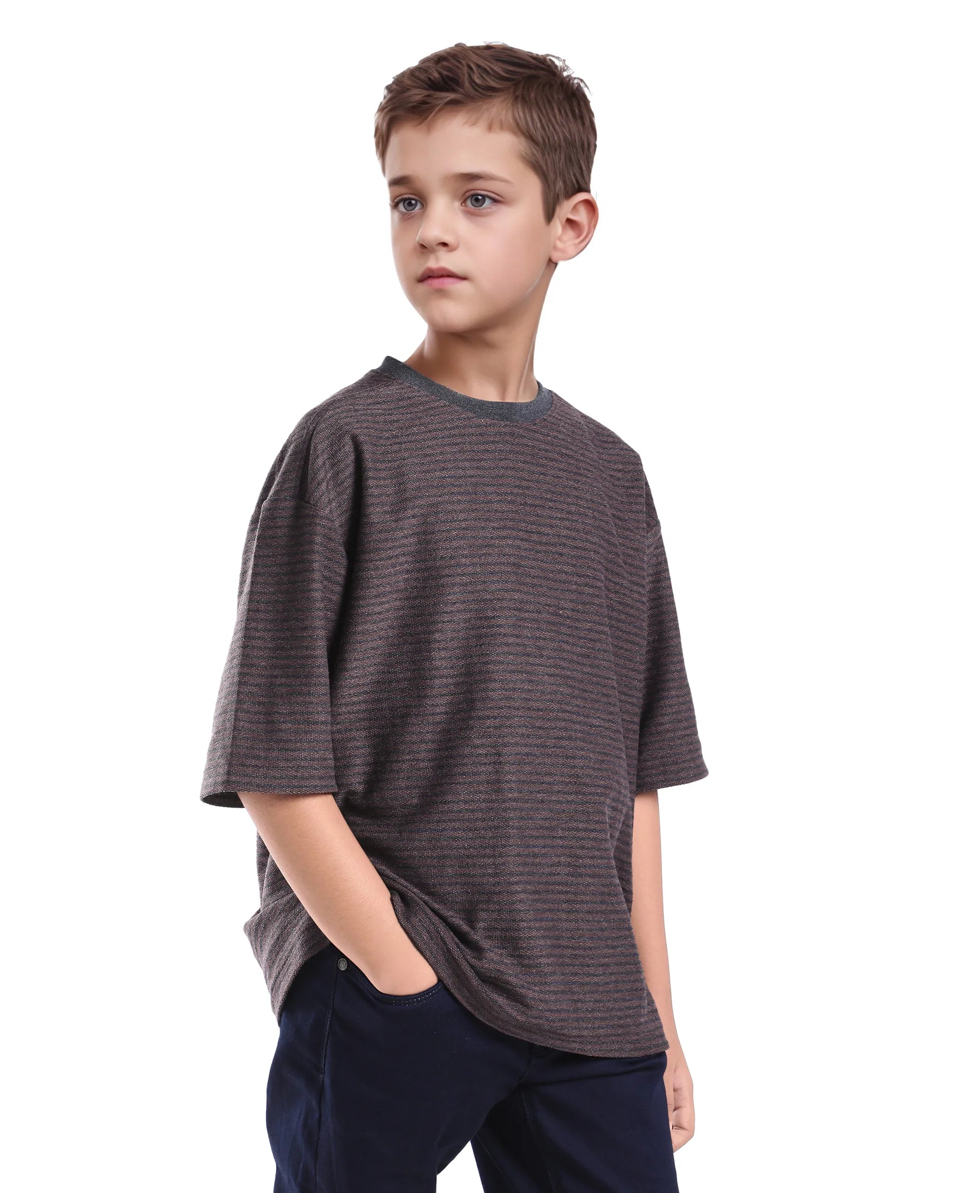 Rare Ones Kids Malco Dark Maroon Polyester Blend Pull On Striped Oversized T-Shirt