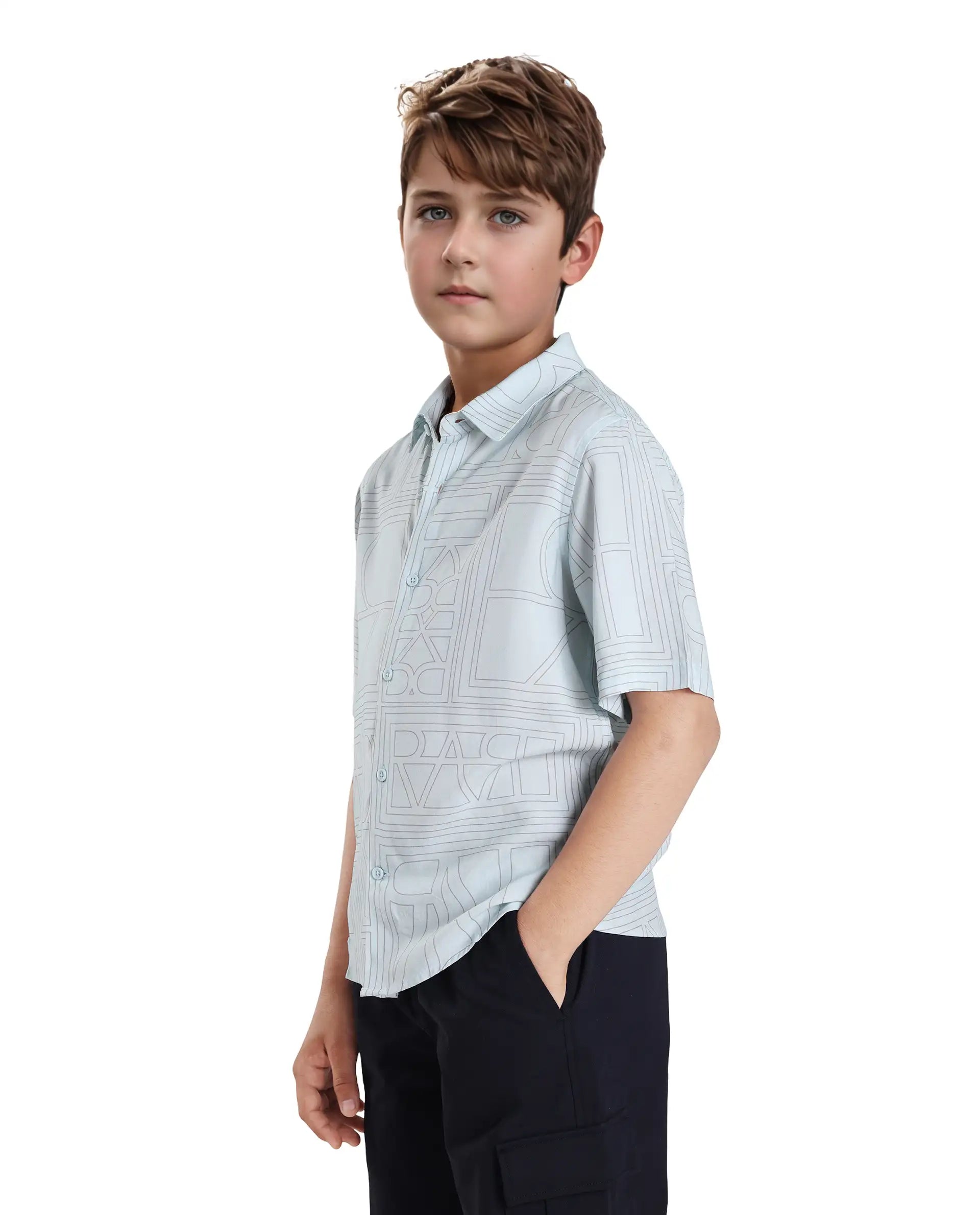 Rare Ones Kids Maley Blue Viscose Printed Button Closure Regular Fit Shirt