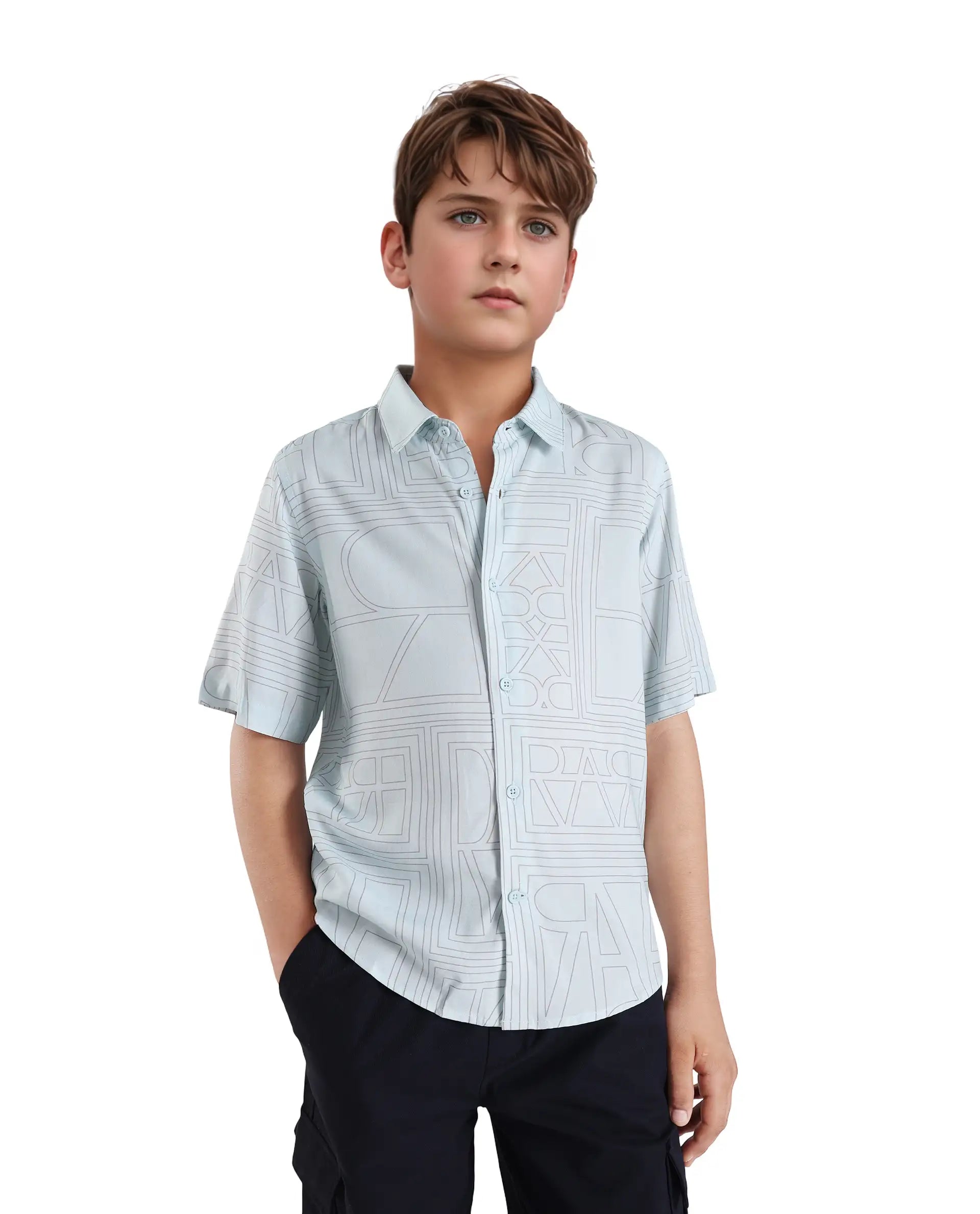 Rare Ones Kids Maley Blue Viscose Printed Button Closure Regular Fit Shirt