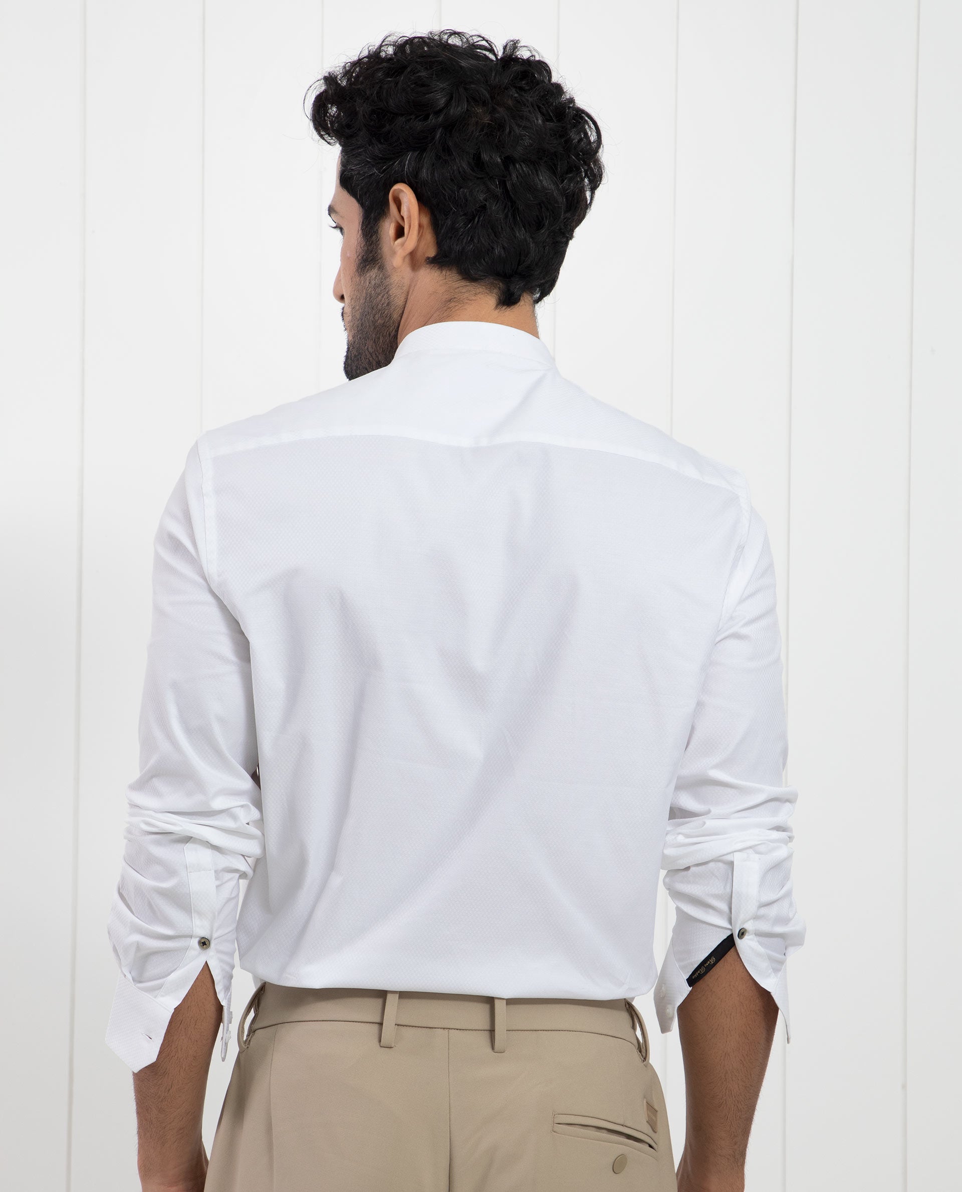 Rare Rabbit Men's Pristina White Cotton Fabric Mandarin Collar Full Sleeves Solid Shirt