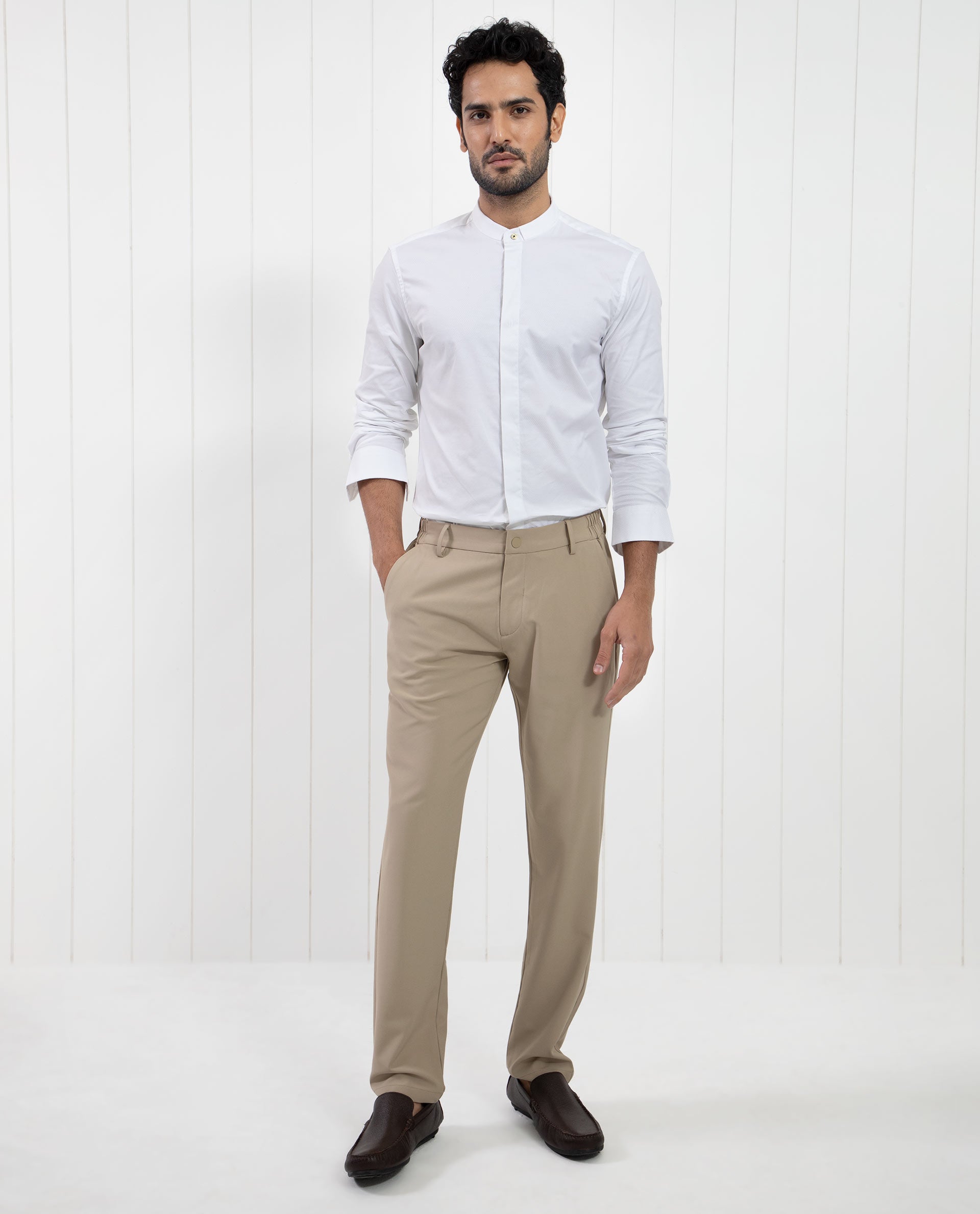 Rare Rabbit Men's Pristina White Cotton Fabric Mandarin Collar Full Sleeves Solid Shirt