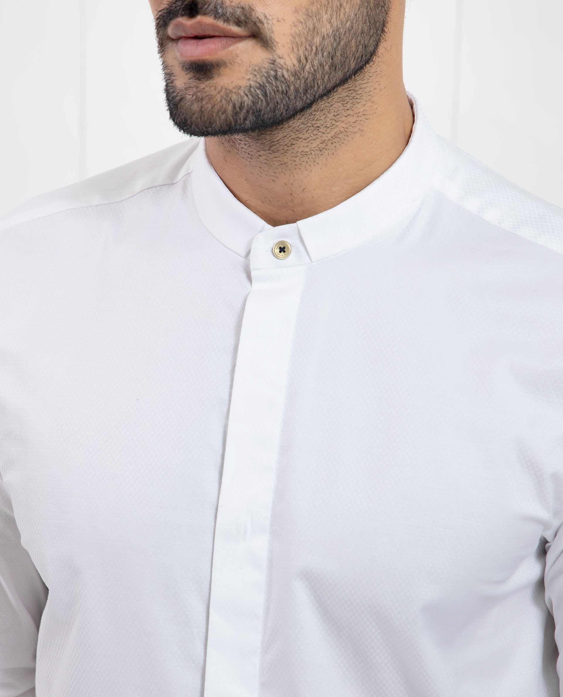 Rare Rabbit Men's Pristina White Cotton Fabric Mandarin Collar Full Sleeves Solid Shirt