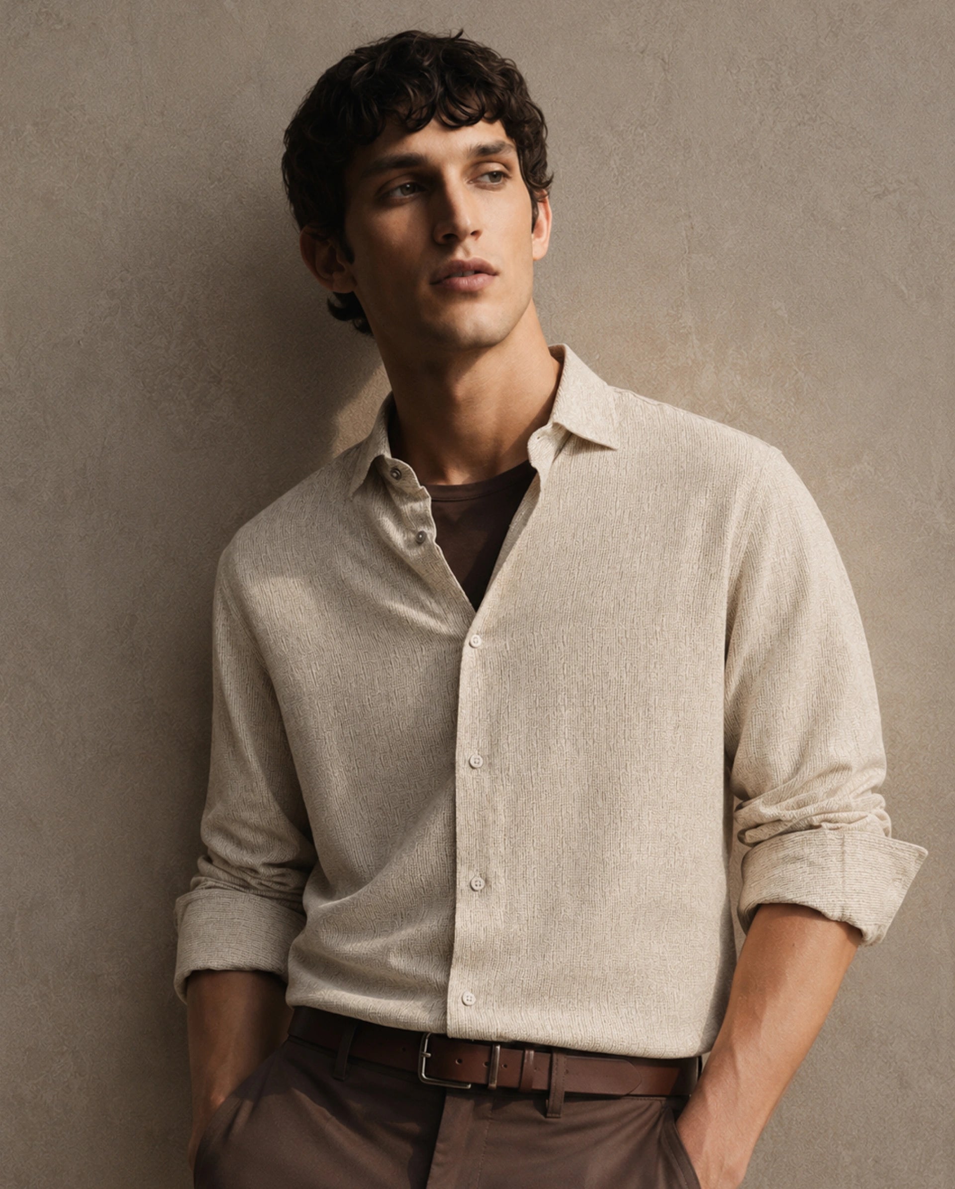 Rare Rabbit Men's Malo Dusky Beige Viscose Spread Collar Button Regular Geometric Print Shirt