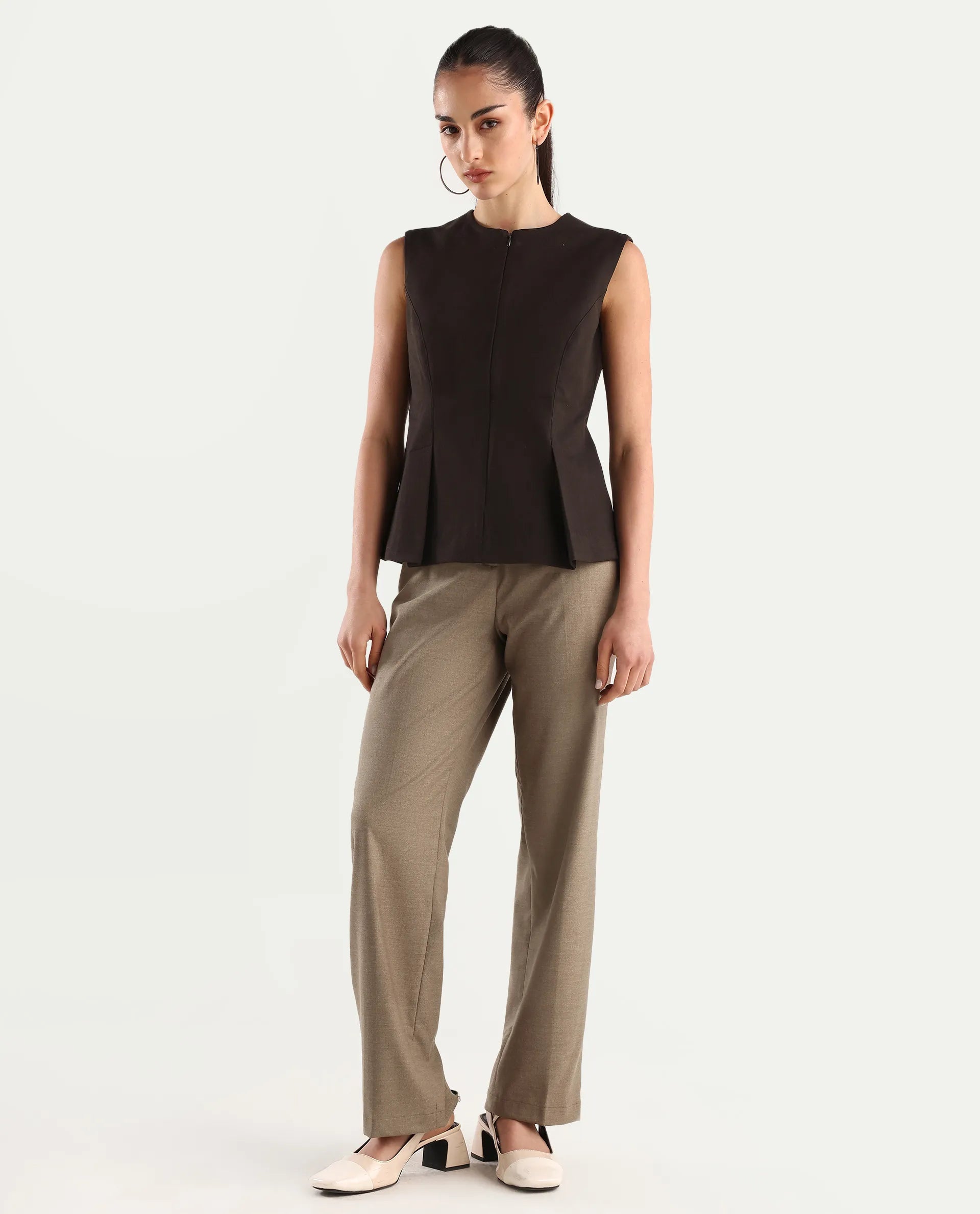 Rareism Women's Mals Beige Polyester Blend Plain Ankle Length Tapered Trouser